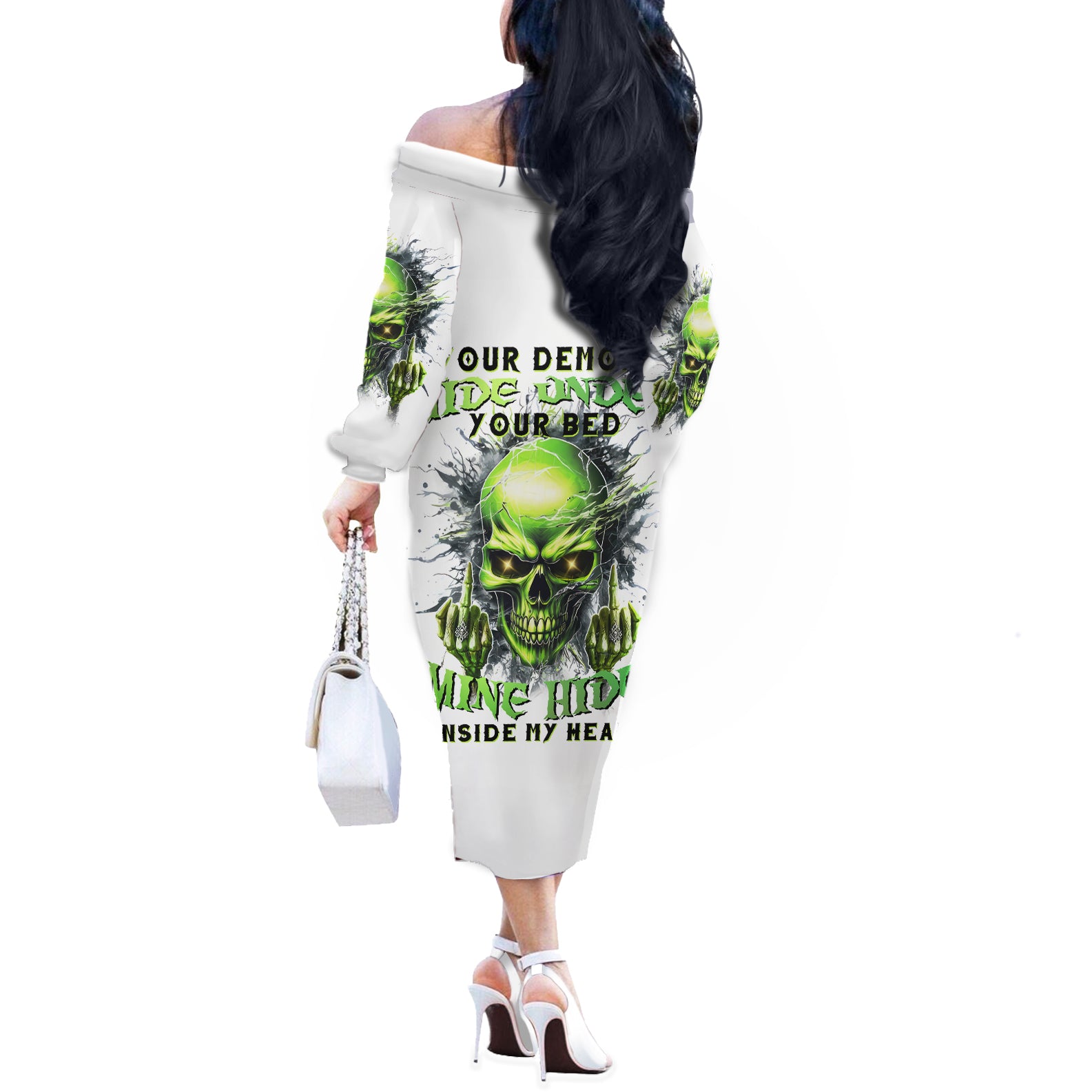 Thunder Skull Off The Shoulder Long Sleeve Dress The Demon Hide Under Your Bed Mine Hide Inside My Head