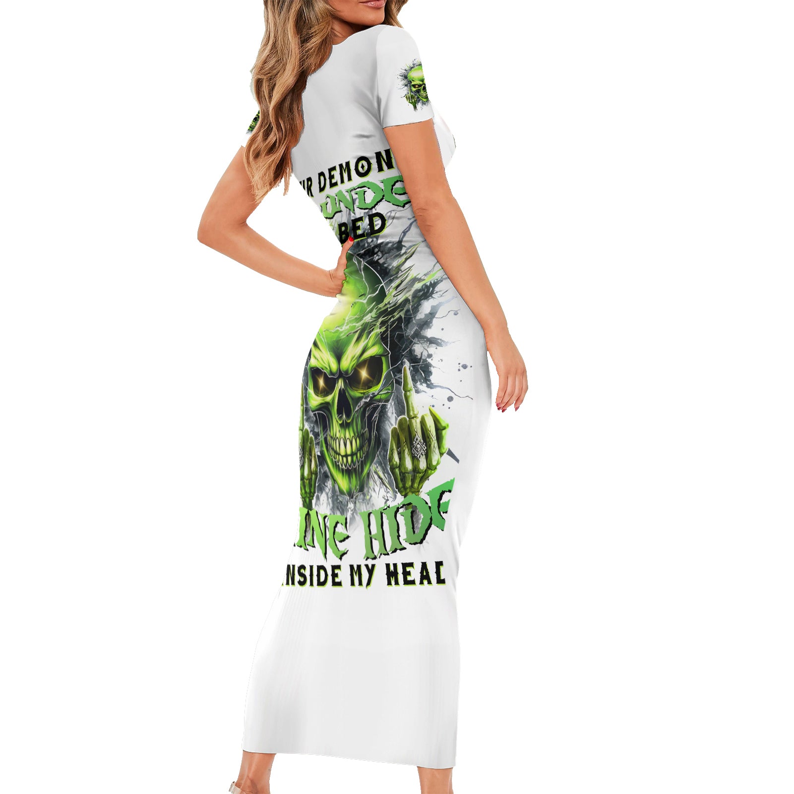 Thunder Skull Short Sleeve Bodycon Dress The Demon Hide Under Your Bed Mine Hide Inside My Head