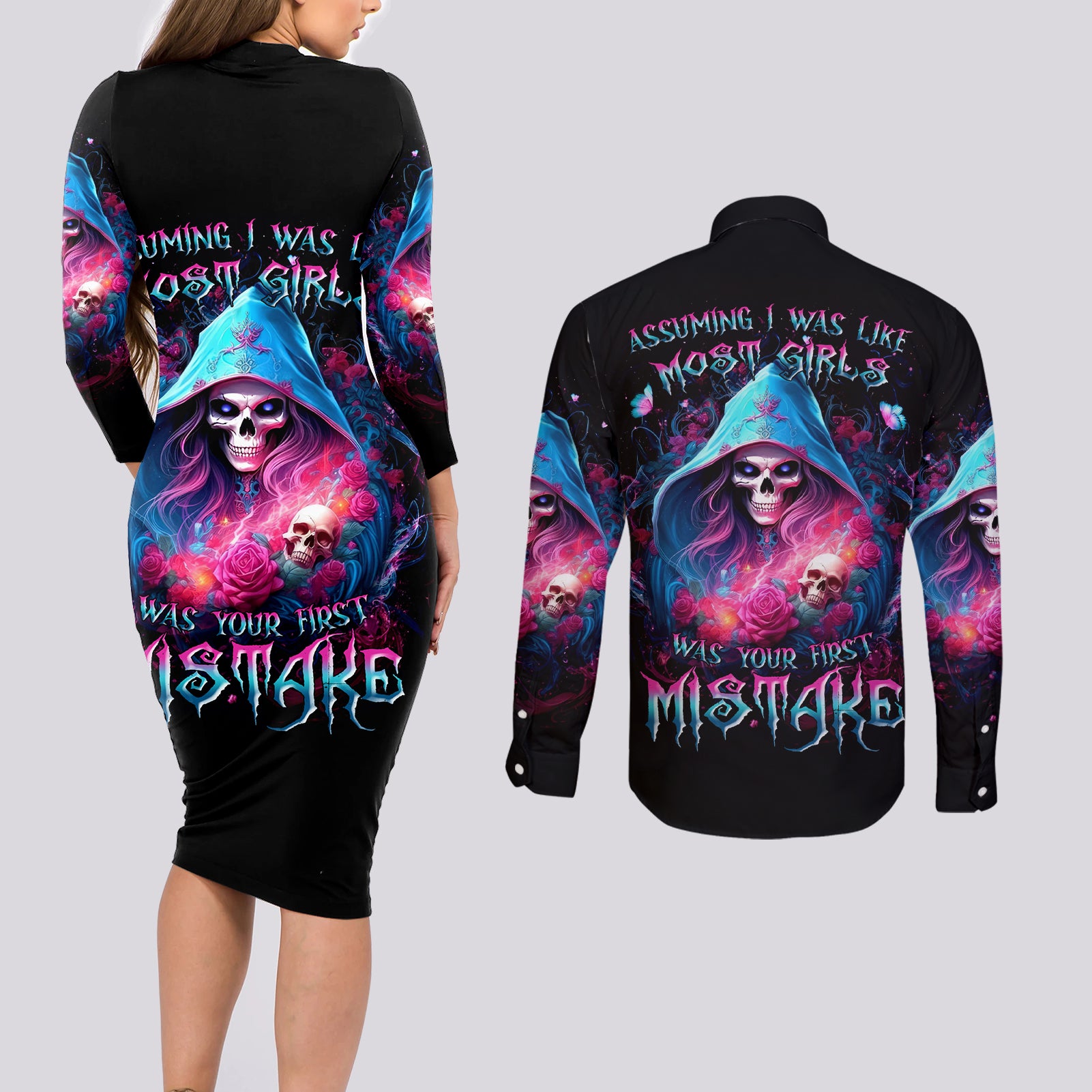 Witch Skull Couples Matching Long Sleeve Bodycon Dress and Long Sleeve Button Shirt Assuming Was Like Most Girls Was Your First Mistake