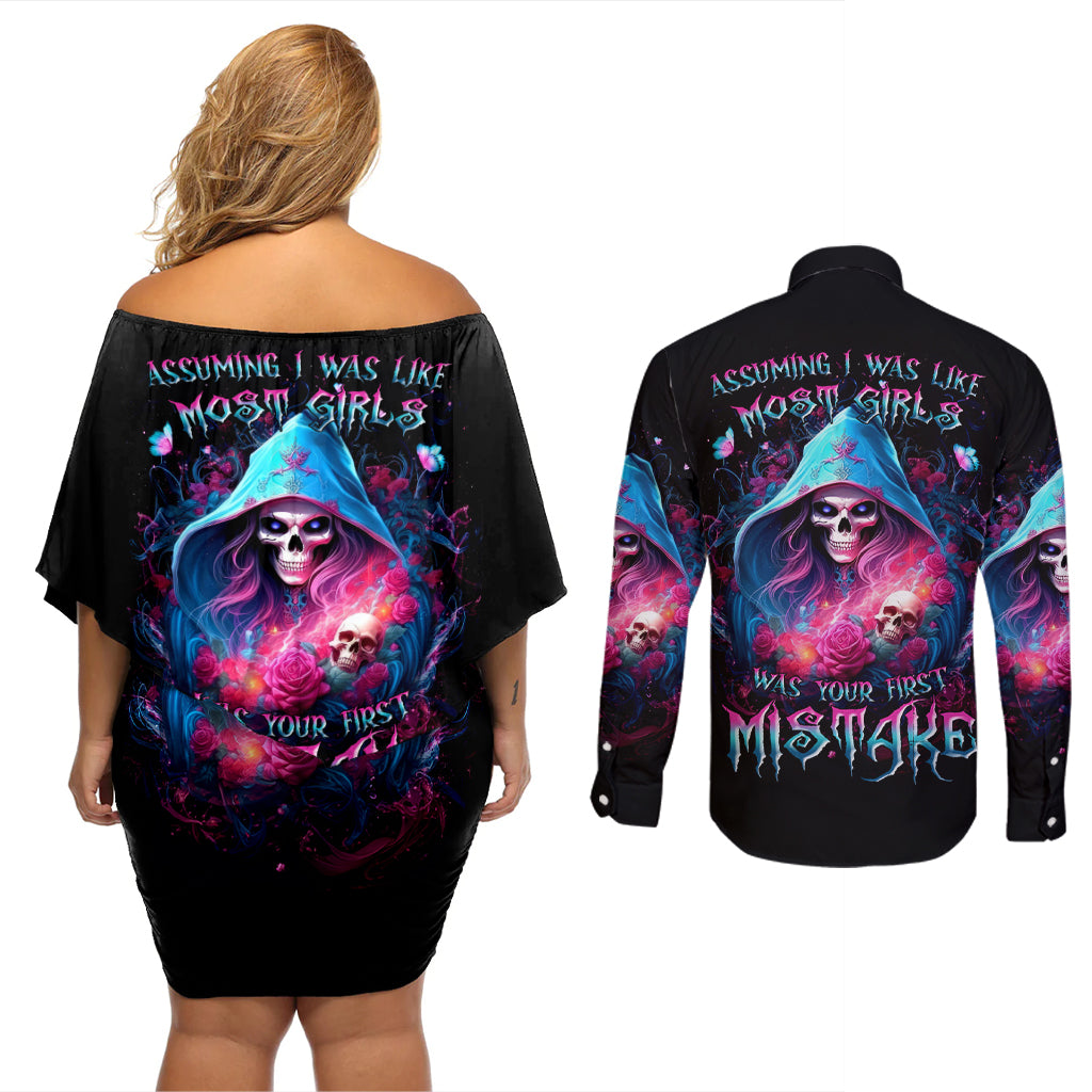 Witch Skull Couples Matching Off Shoulder Short Dress and Long Sleeve Button Shirt Assuming Was Like Most Girls Was Your First Mistake