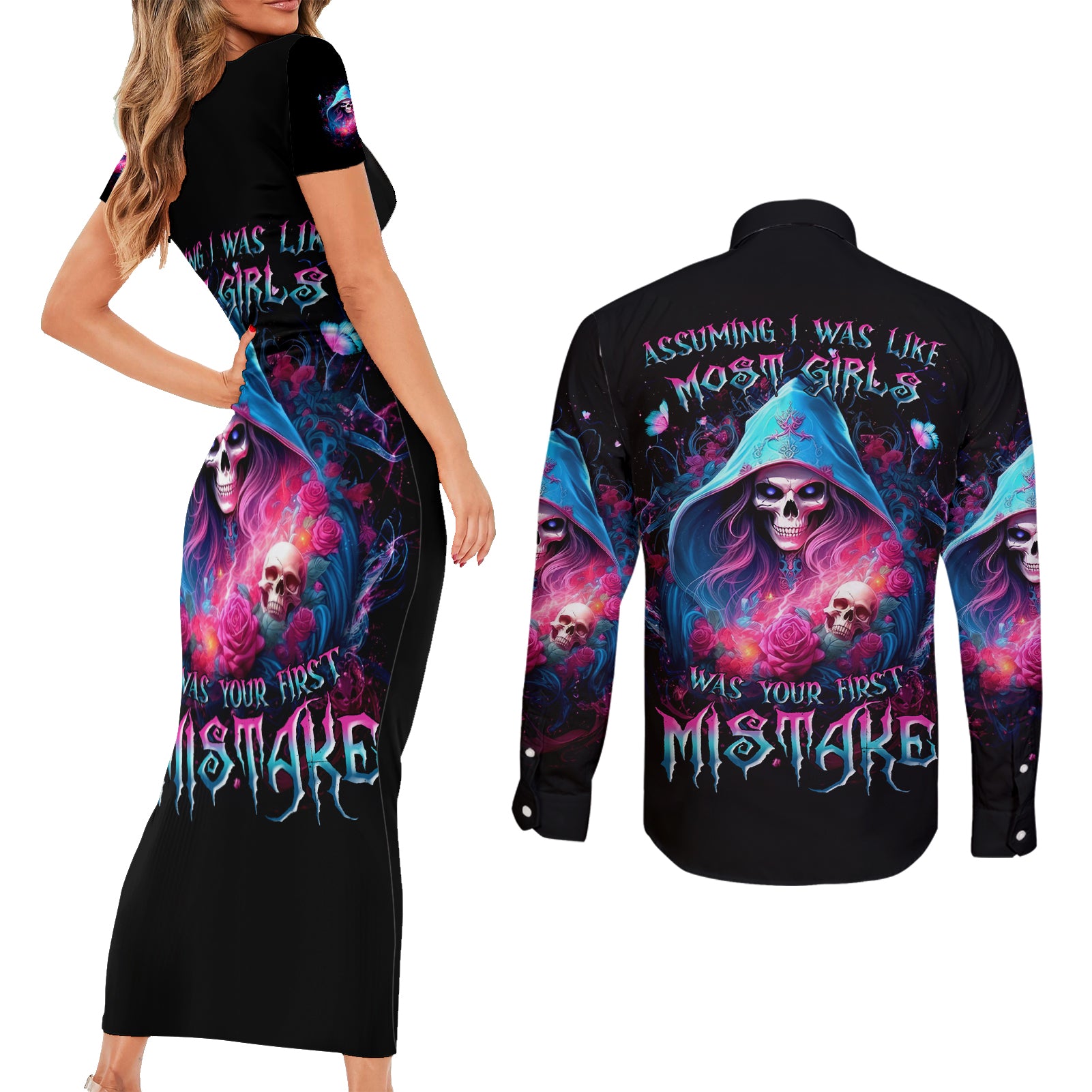 Witch Skull Couples Matching Short Sleeve Bodycon Dress and Long Sleeve Button Shirt Assuming Was Like Most Girls Was Your First Mistake