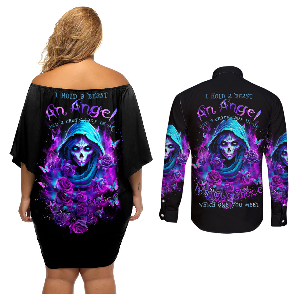 Witch Skull Couples Matching Off Shoulder Short Dress and Long Sleeve Button Shirt I Hold A Beast An Angel And Crazy Lady In Me