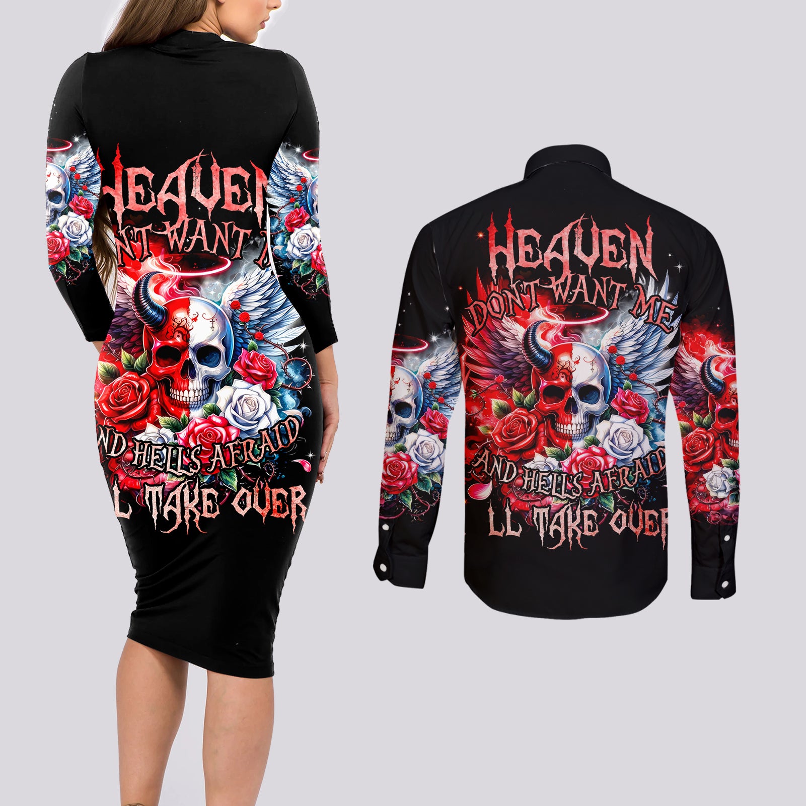 Evil Angel Skull Couples Matching Long Sleeve Bodycon Dress and Long Sleeve Button Shirt Heaven Don't Want Me And Hell Afraid