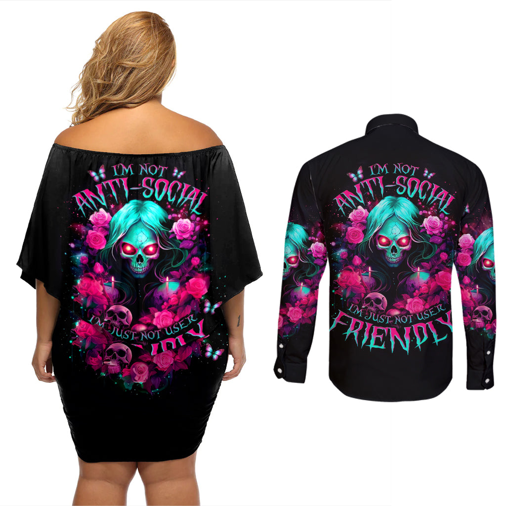 Rose Skull Couples Matching Off Shoulder Short Dress and Long Sleeve Button Shirt I'm Not Anti-Social I'm Just Not User Friendly