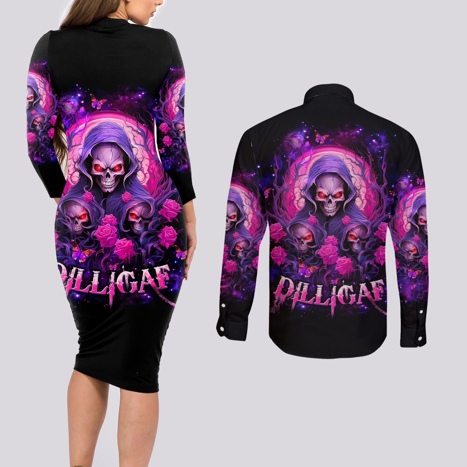 Rose Skull Couples Matching Long Sleeve Bodycon Dress and Long Sleeve Button Shirt DILLIGAG