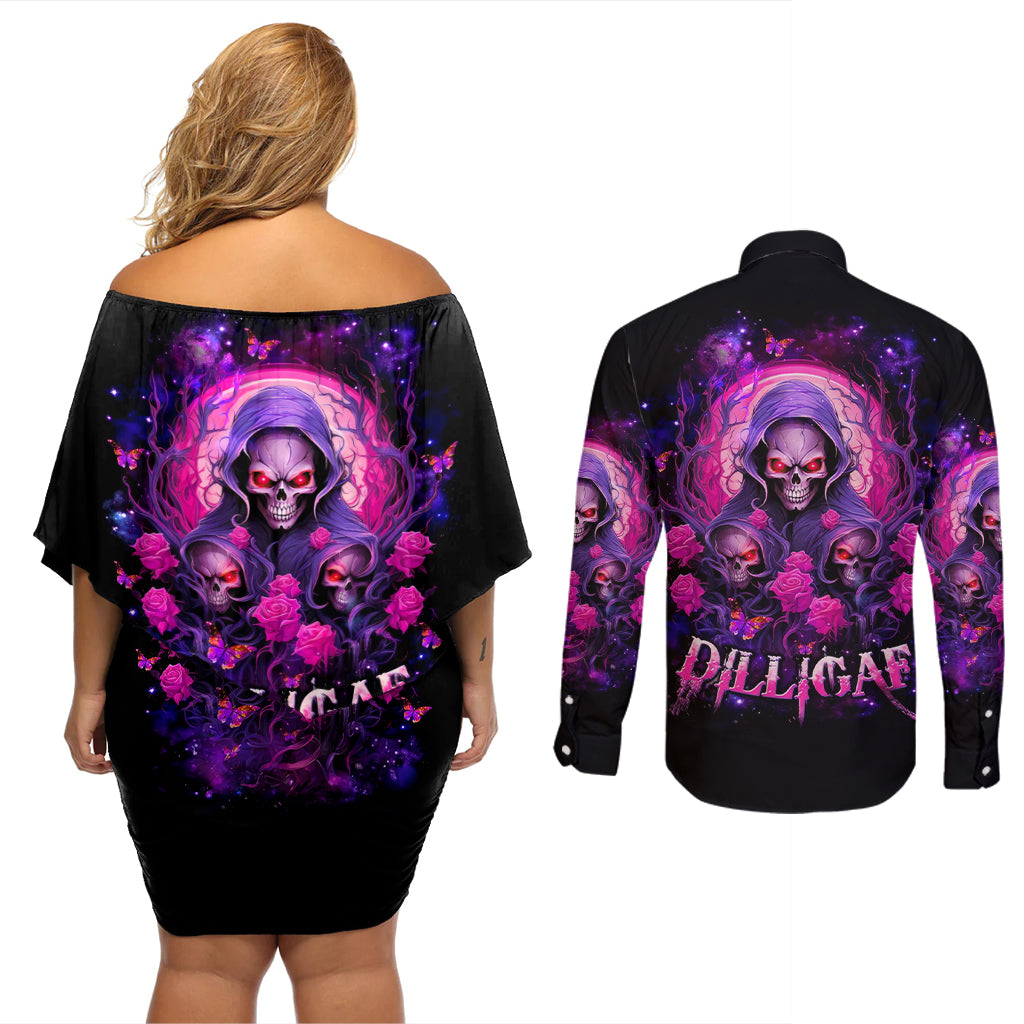 Rose Skull Couples Matching Off Shoulder Short Dress and Long Sleeve Button Shirt DILLIGAG