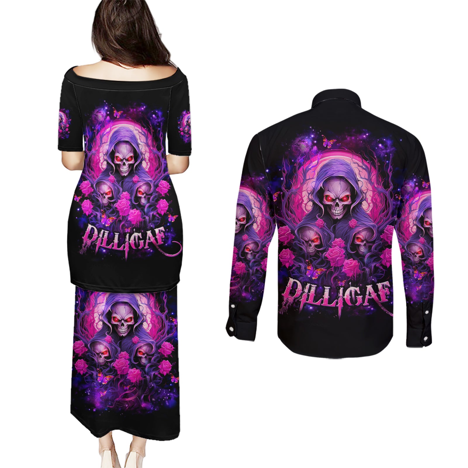 Rose Skull Couples Matching Puletasi and Long Sleeve Button Shirt DILLIGAG