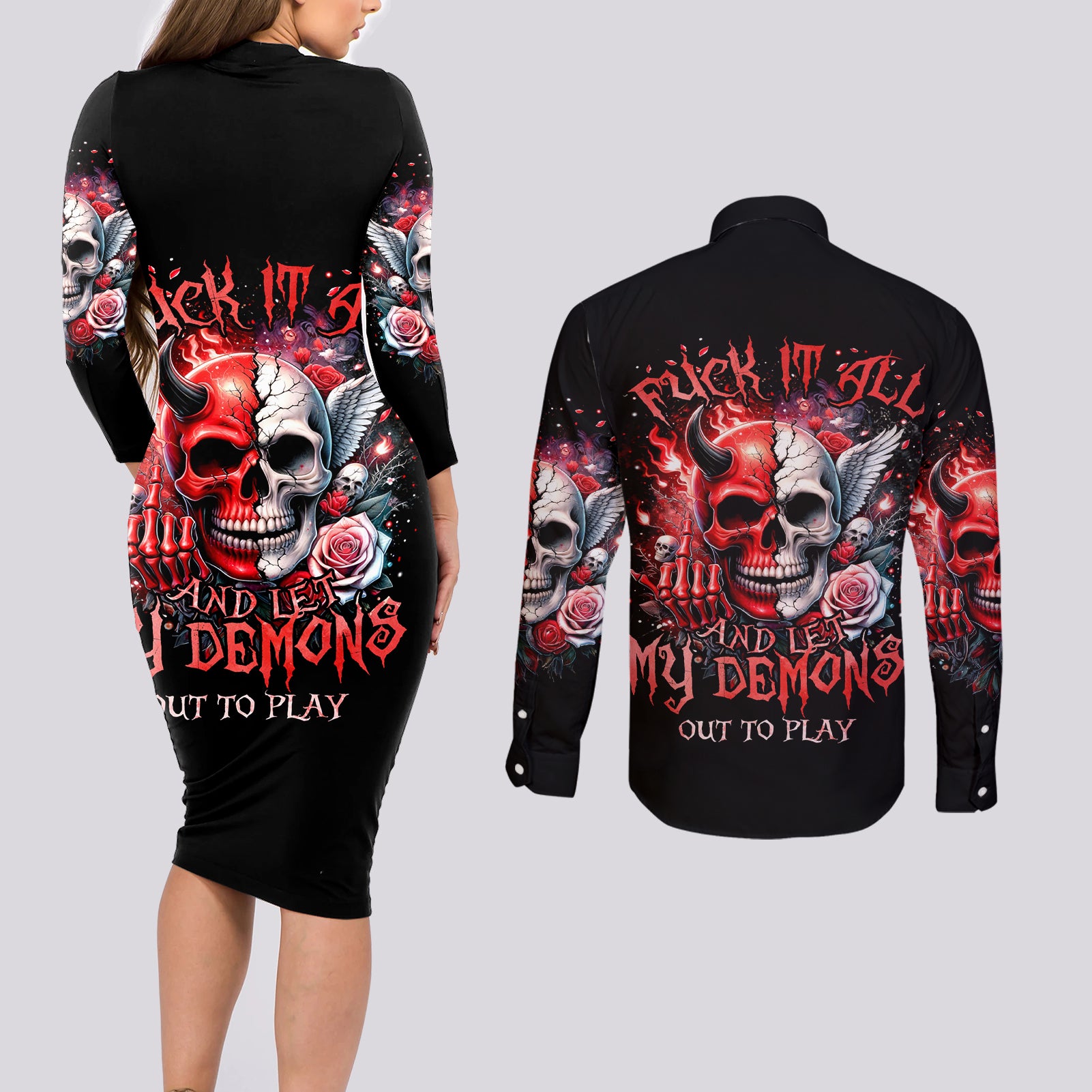 Evil Angel Skull Couples Matching Long Sleeve Bodycon Dress and Long Sleeve Button Shirt Fuck It All And Let My Demons Out To Play