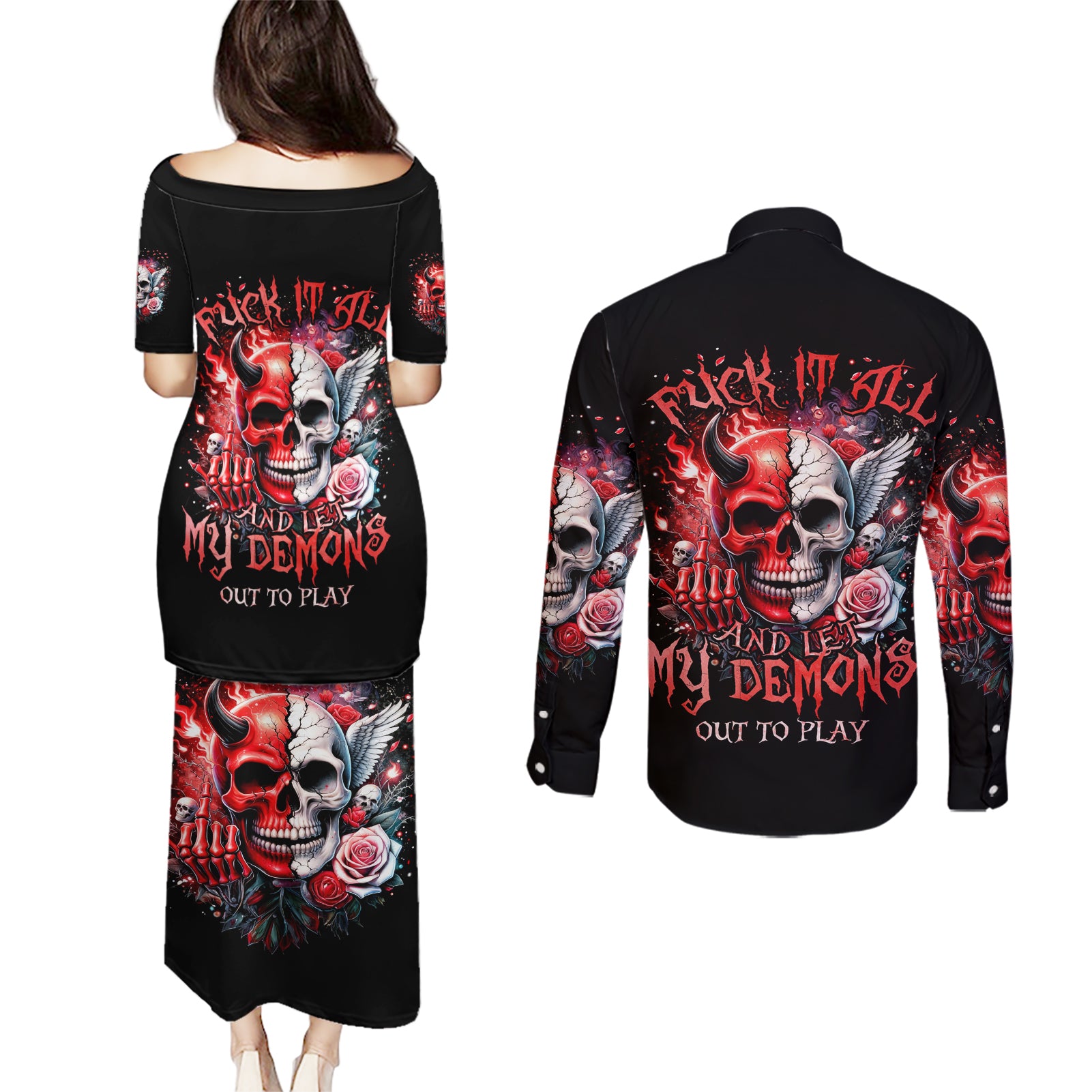 Evil Angel Skull Couples Matching Puletasi and Long Sleeve Button Shirt Fuck It All And Let My Demons Out To Play