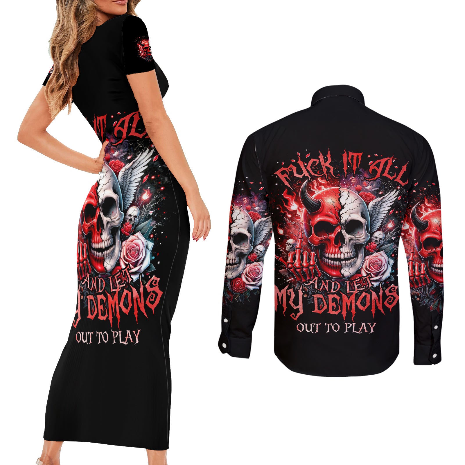 Evil Angel Skull Couples Matching Short Sleeve Bodycon Dress and Long Sleeve Button Shirt Fuck It All And Let My Demons Out To Play