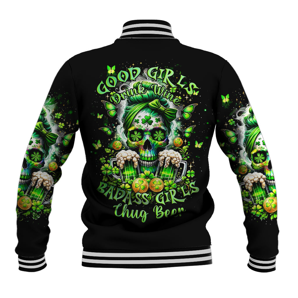 Irish Skull Baseball Jacket Good Girls Drink Wine Badass Girls Thug Beer