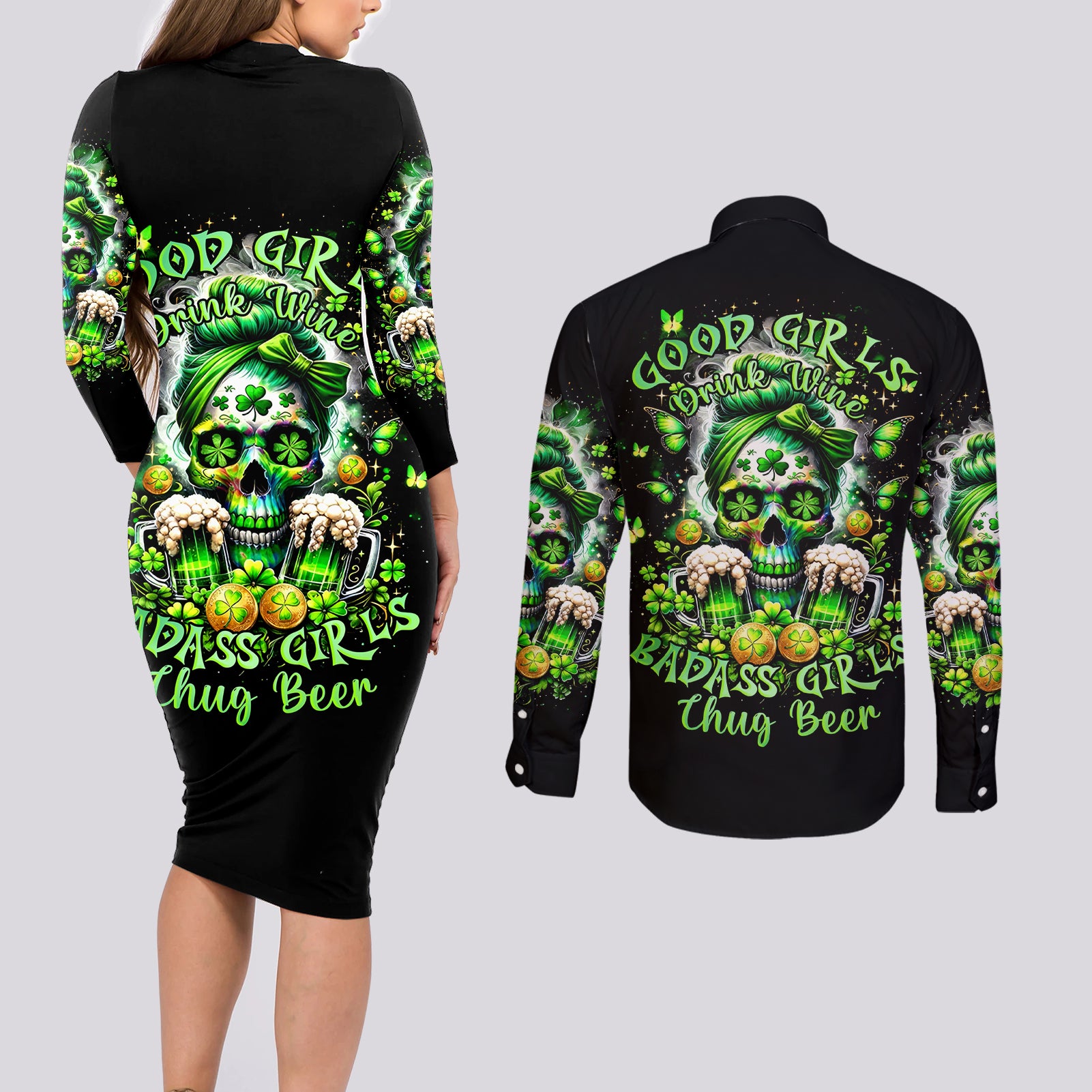 Irish Skull Couples Matching Long Sleeve Bodycon Dress and Long Sleeve Button Shirt Good Girls Drink Wine Badass Girls Thug Beer