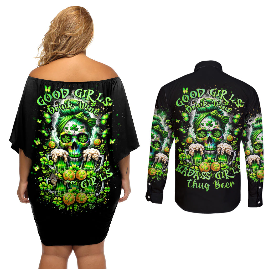 Irish Skull Couples Matching Off Shoulder Short Dress and Long Sleeve Button Shirt Good Girls Drink Wine Badass Girls Thug Beer