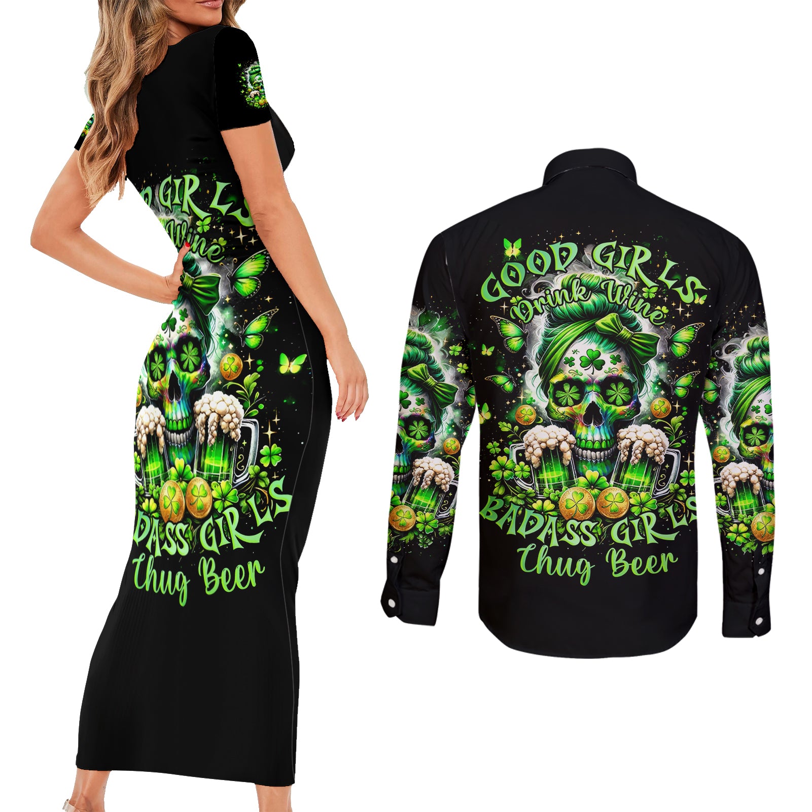 Irish Skull Couples Matching Short Sleeve Bodycon Dress and Long Sleeve Button Shirt Good Girls Drink Wine Badass Girls Thug Beer