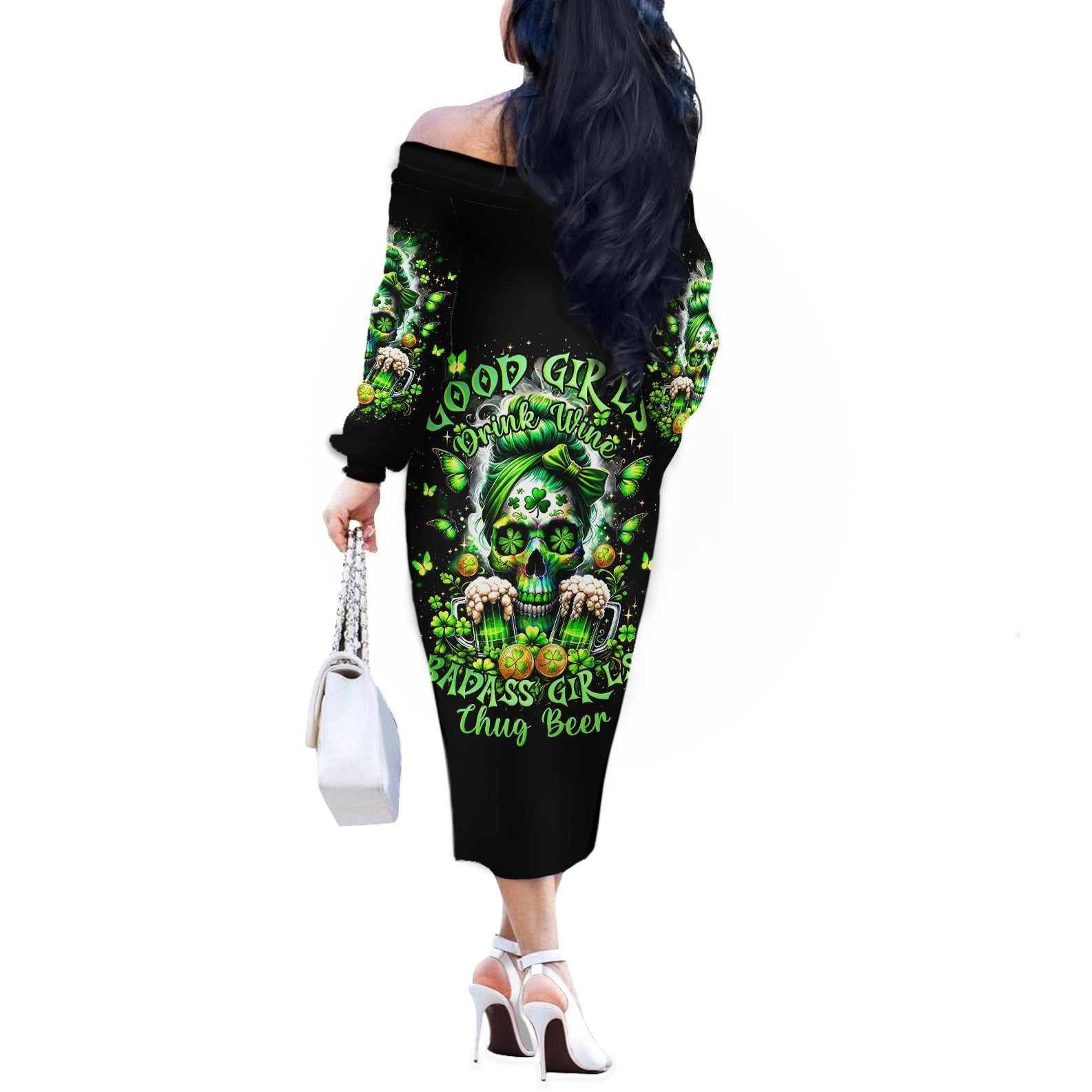 Irish Skull Off The Shoulder Long Sleeve Dress Good Girls Drink Wine Badass Girls Thug Beer