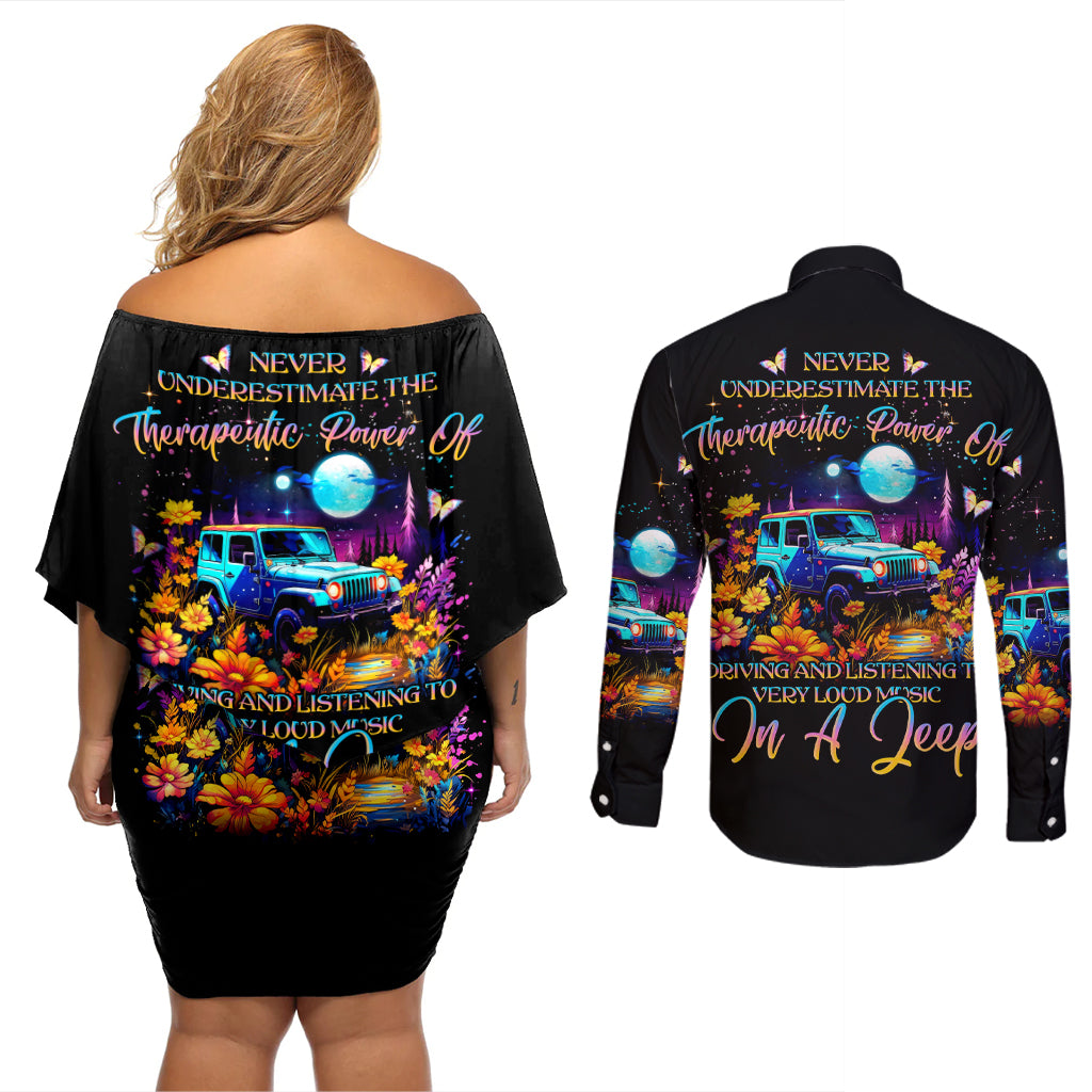 Flower Jeep Couples Matching Off Shoulder Short Dress and Long Sleeve Button Shirt Never Underestimate The Therapeutic Power Of Jeep