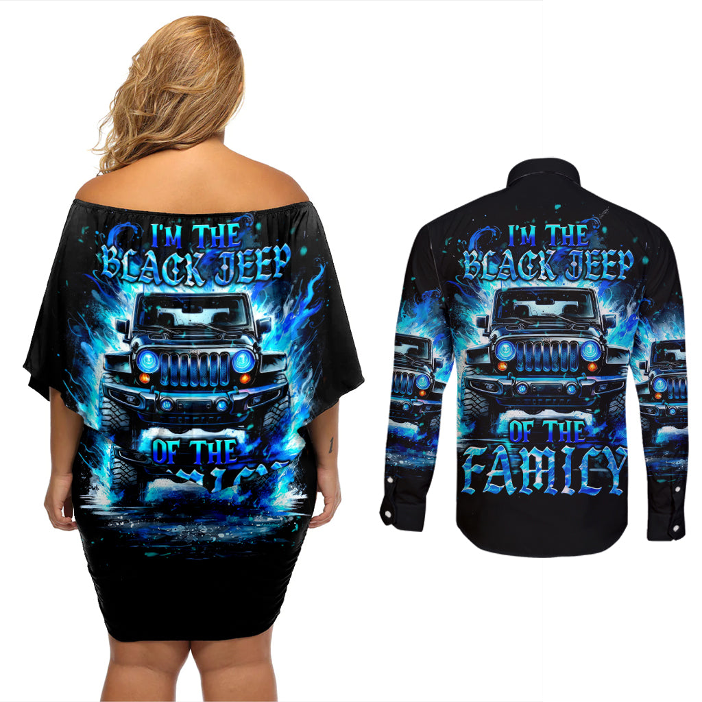 Flame Jeep Couples Matching Off Shoulder Short Dress and Long Sleeve Button Shirt I'm The Black Jeep Of The Family