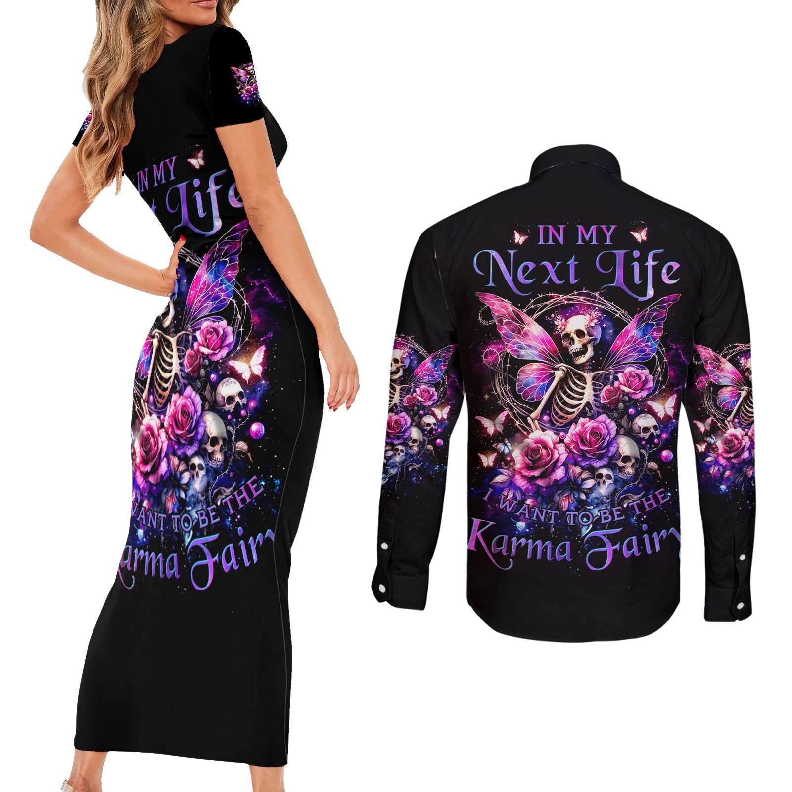 Fairy Skull Couples Matching Short Sleeve Bodycon Dress and Long Sleeve Button Shirt In My Next Life I Want To Be The Karma Fairy