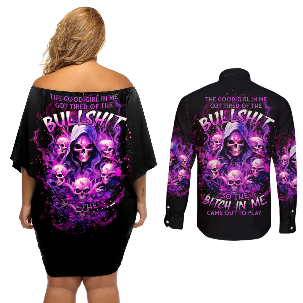 Witch Skull Couples Matching Off Shoulder Short Dress and Long Sleeve Button Shirt The Good Girl In Me Got Tired Of The Bullshit