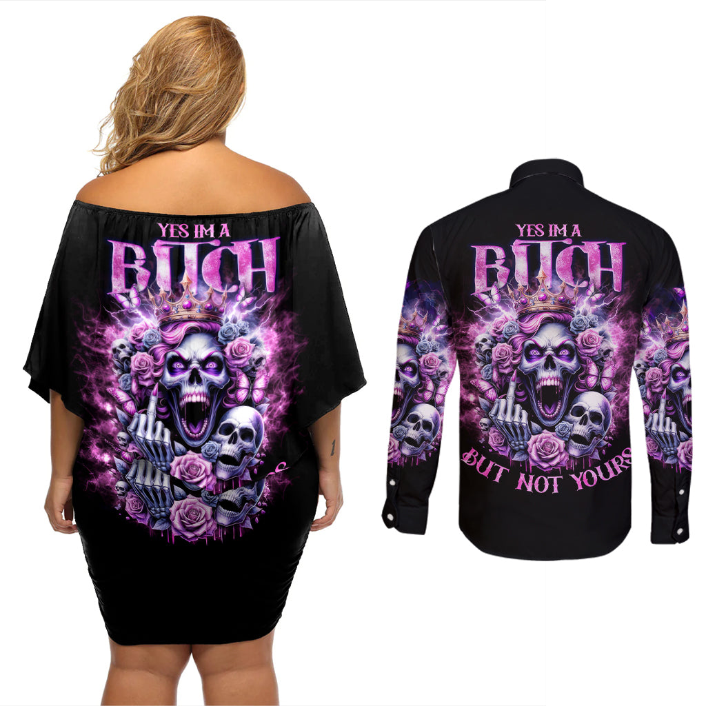 Queen Skull Couples Matching Off Shoulder Short Dress and Long Sleeve Button Shirt Yes I'm A Bitch But Not Yours