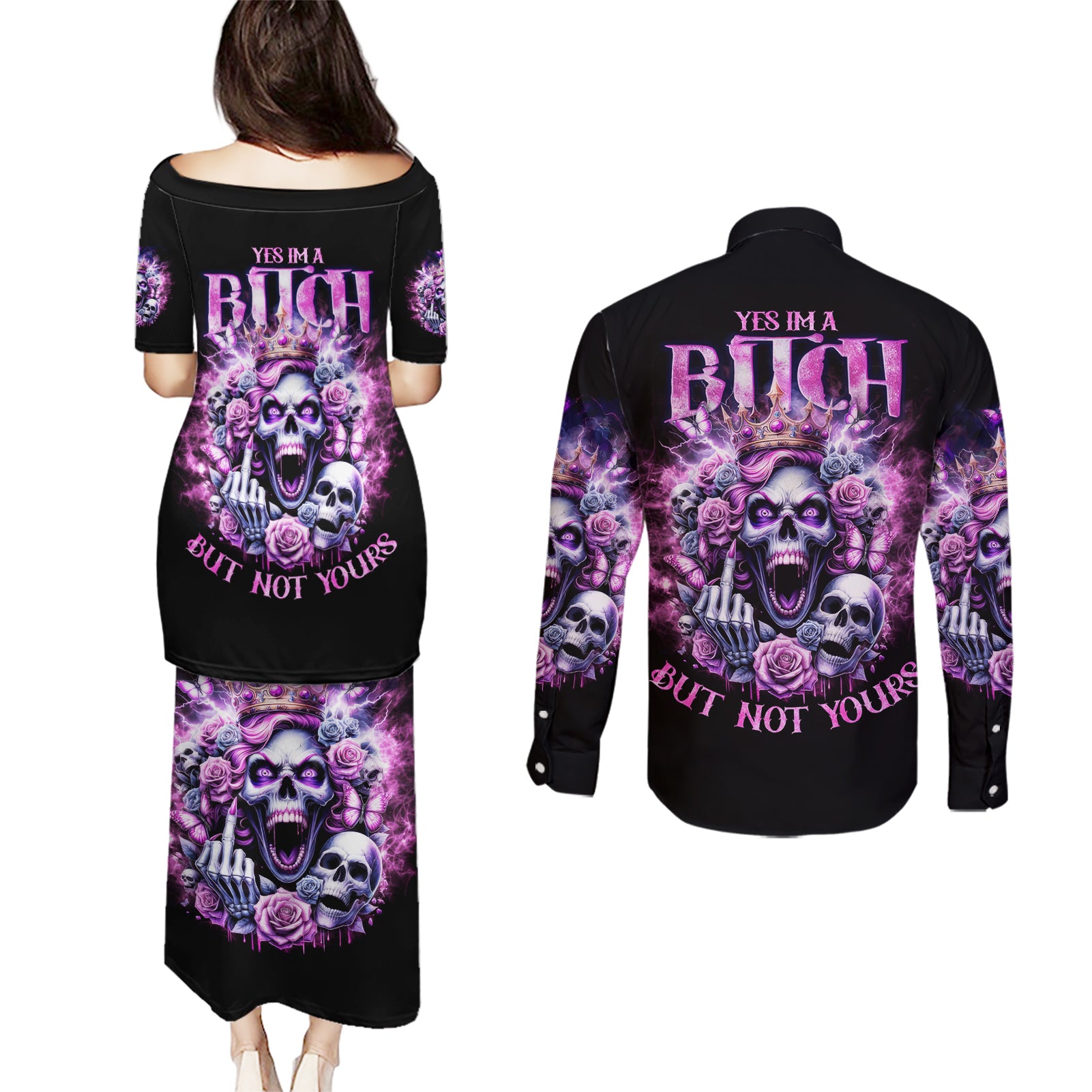 Queen Skull Couples Matching Puletasi and Long Sleeve Button Shirt Yes I'm A Bitch But Not Yours