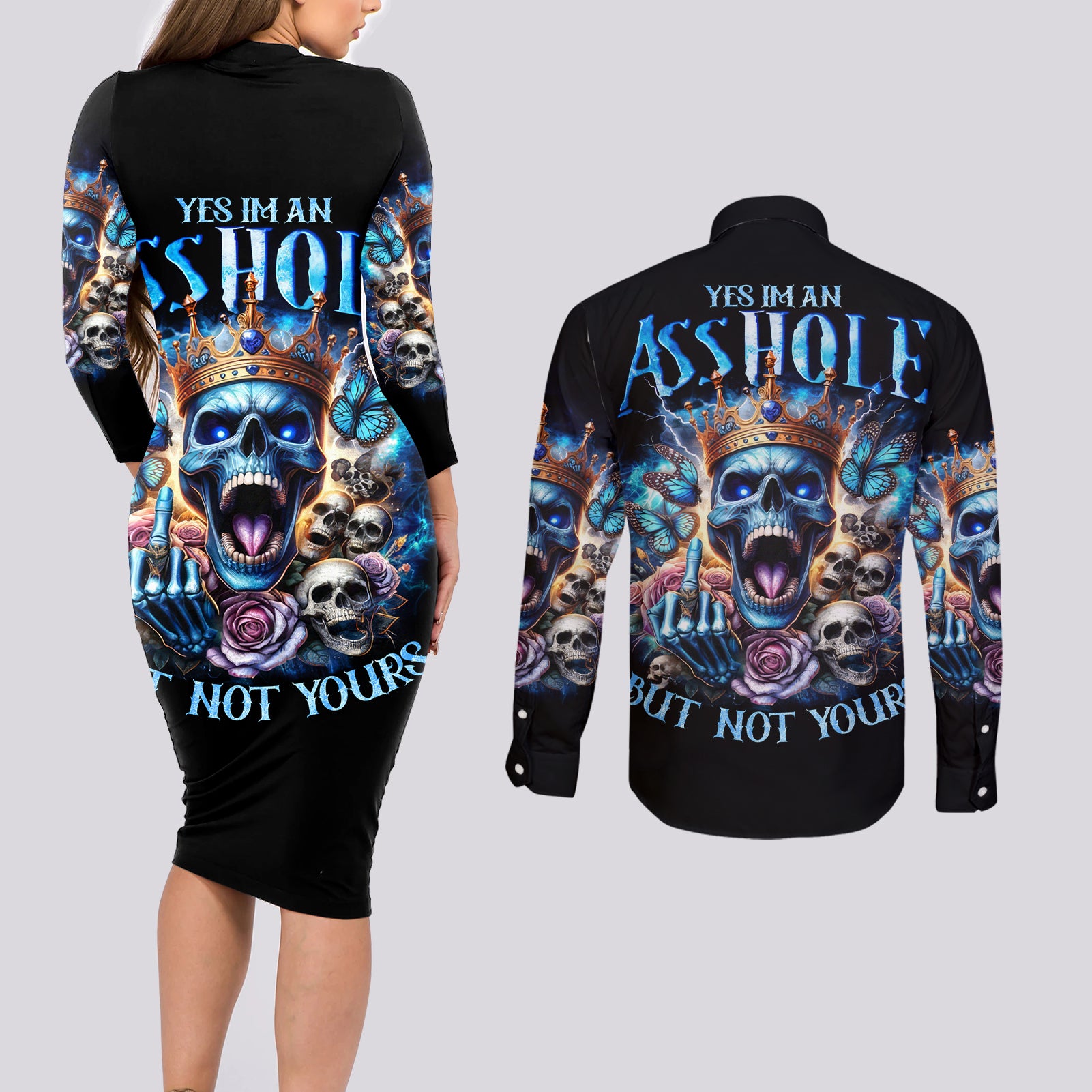 King Skull Couples Matching Long Sleeve Bodycon Dress and Long Sleeve Button Shirt Yes I'm Asshole But Not Yours