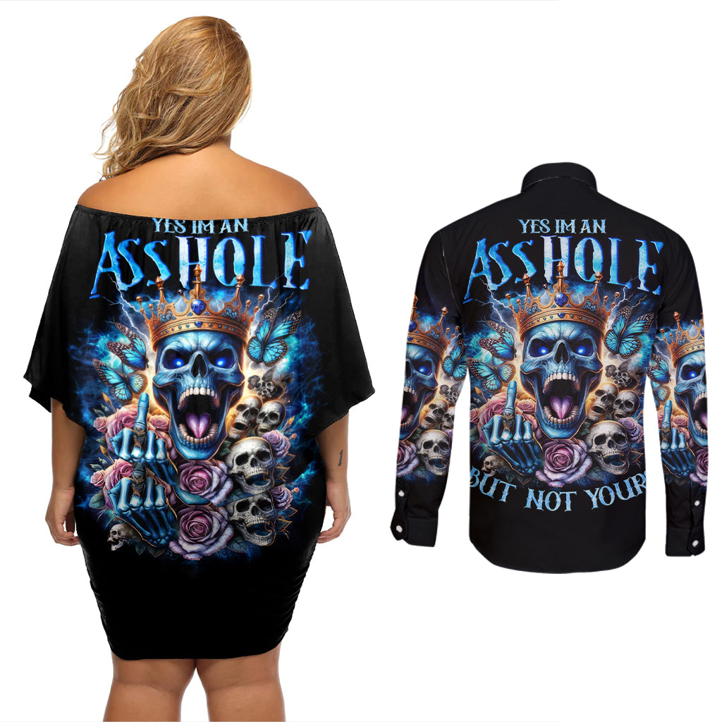 King Skull Couples Matching Off Shoulder Short Dress and Long Sleeve Button Shirt Yes I'm Asshole But Not Yours