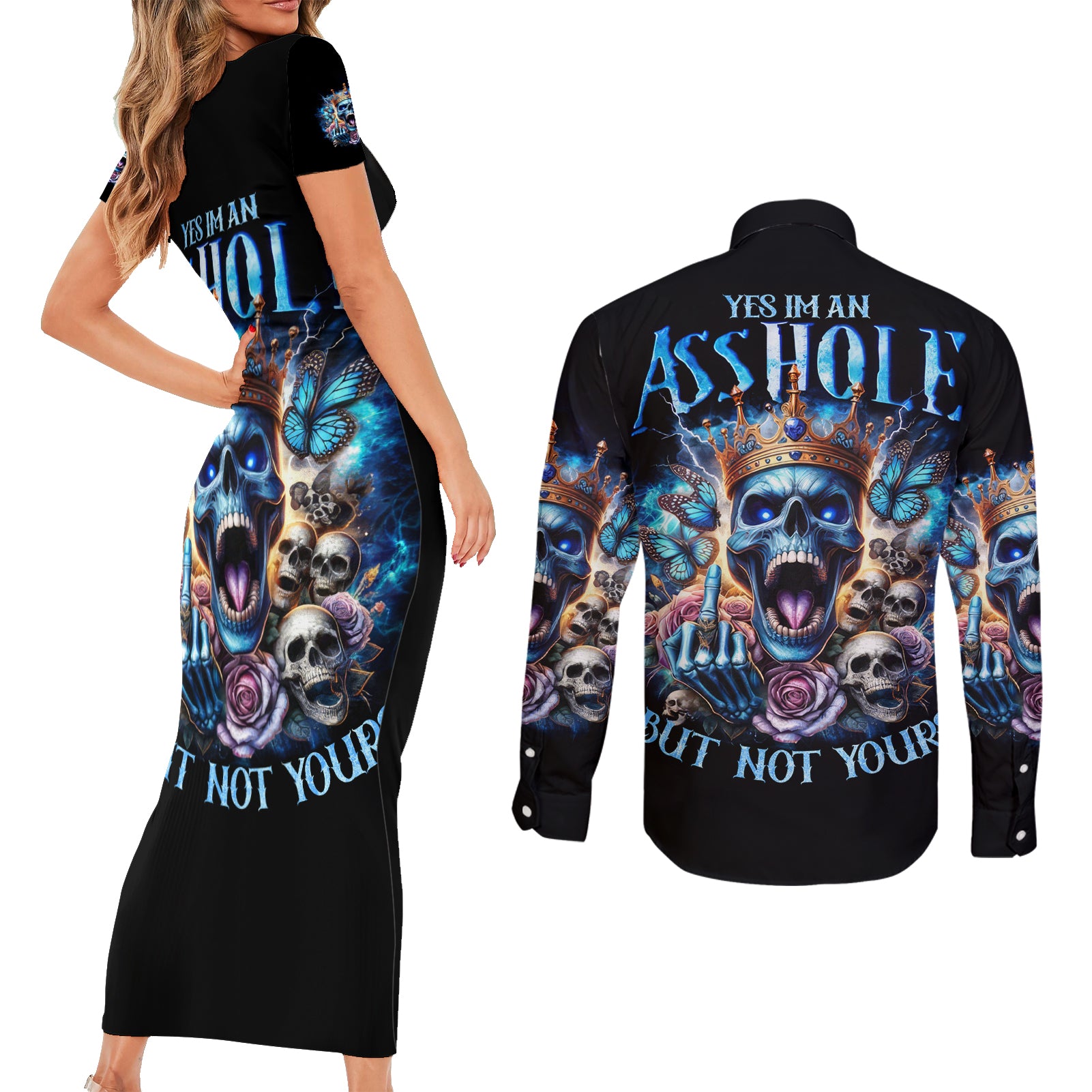 King Skull Couples Matching Short Sleeve Bodycon Dress and Long Sleeve Button Shirt Yes I'm Asshole But Not Yours