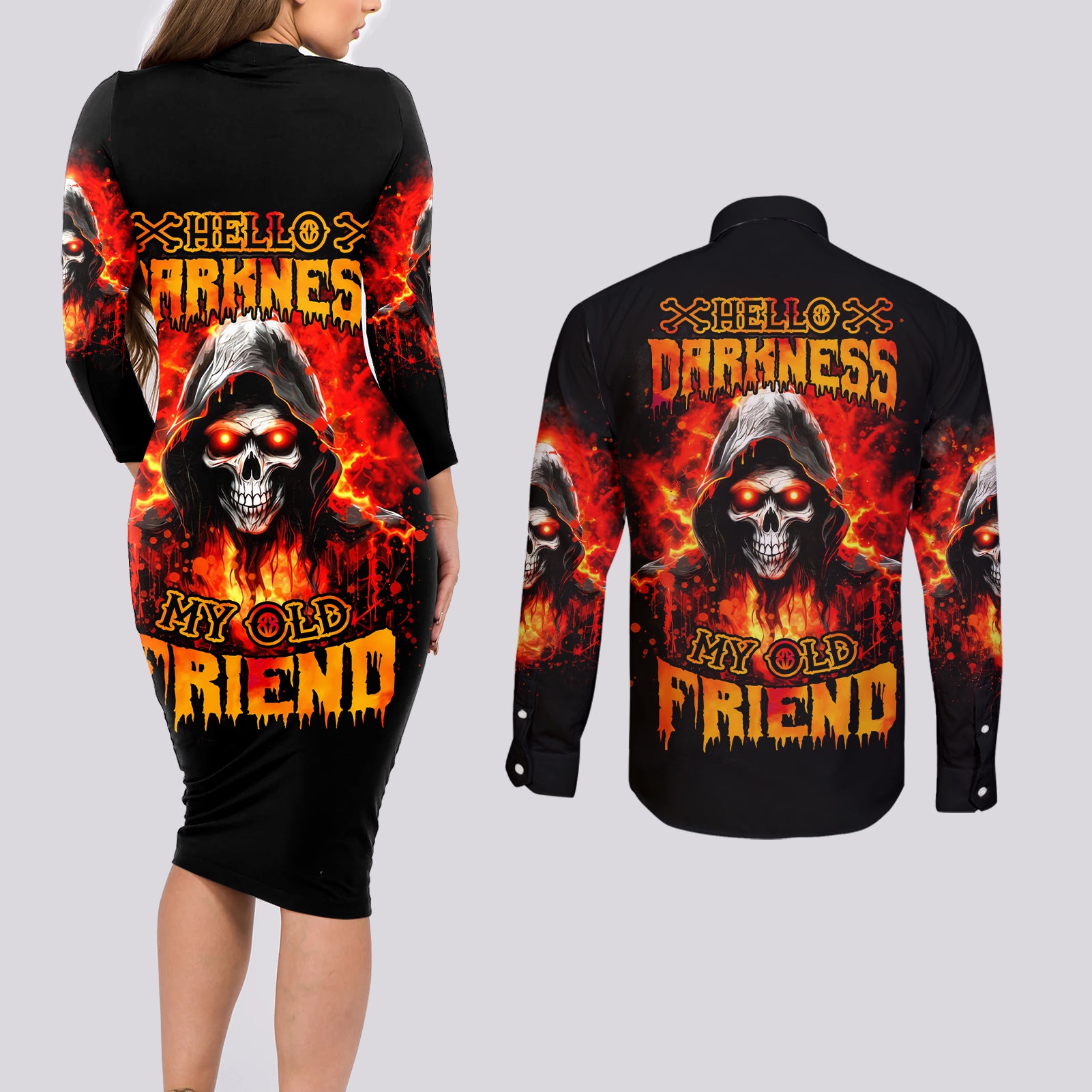 Flame Skull Couples Matching Long Sleeve Bodycon Dress and Long Sleeve Button Shirt Hello Darkness My Old Friend