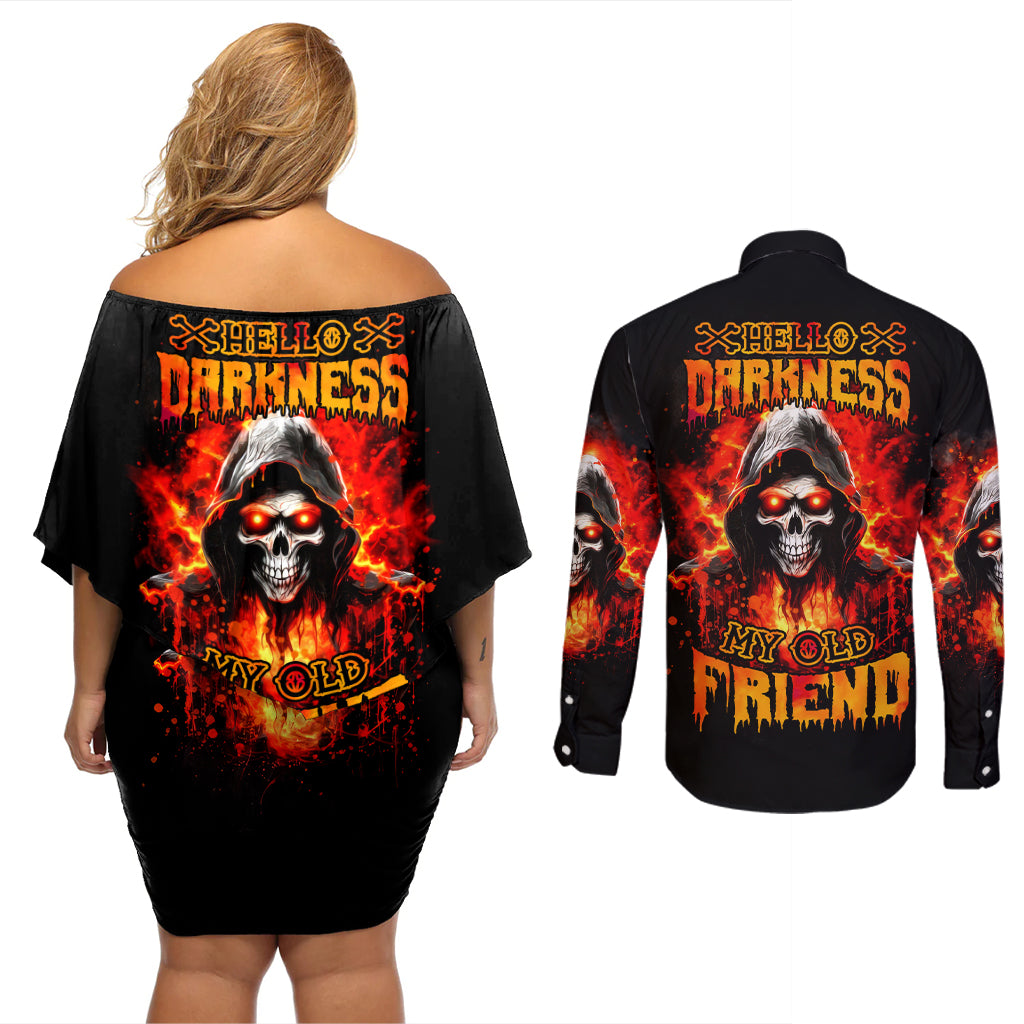 Flame Skull Couples Matching Off Shoulder Short Dress and Long Sleeve Button Shirt Hello Darkness My Old Friend