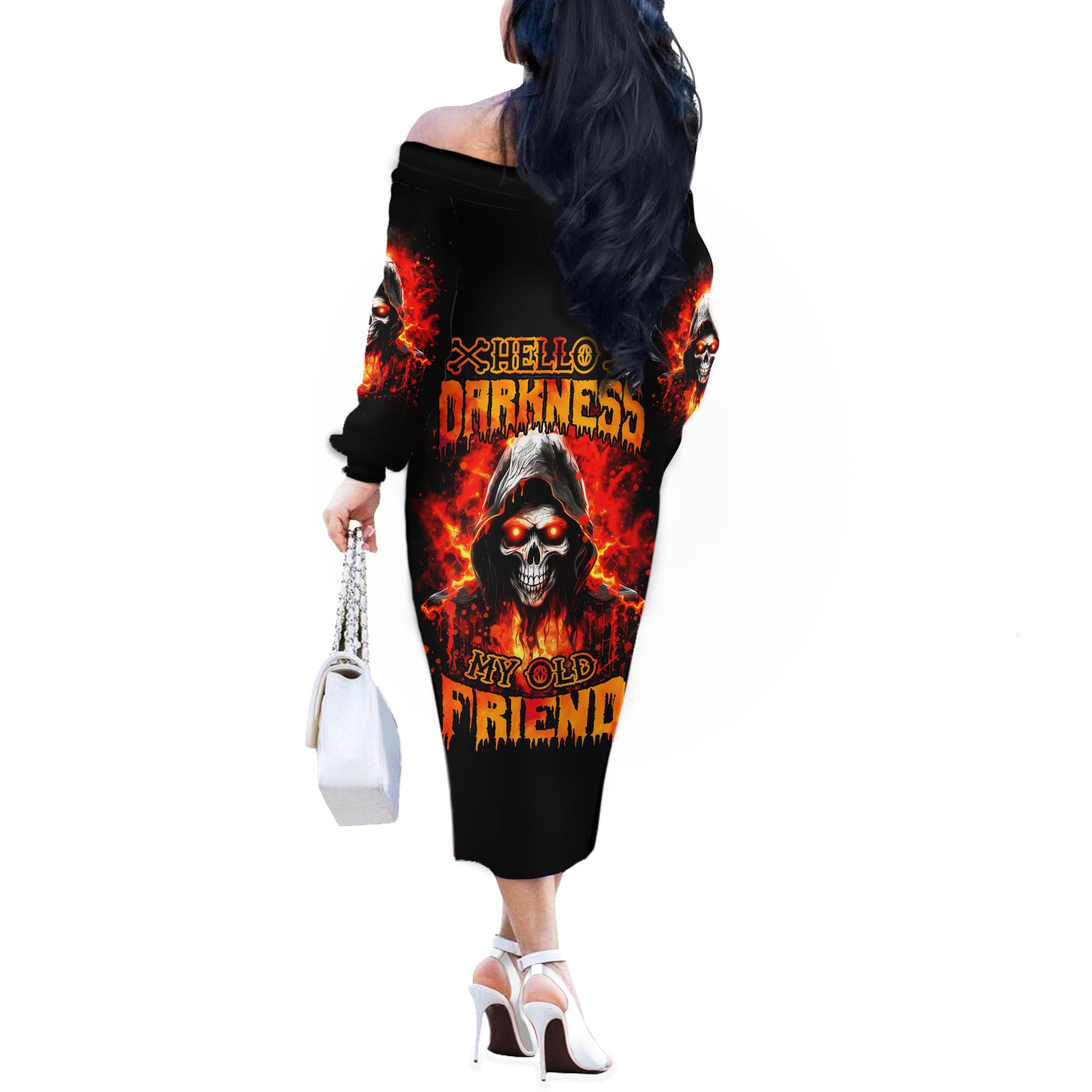 Flame Skull Off The Shoulder Long Sleeve Dress Hello Darkness My Old Friend