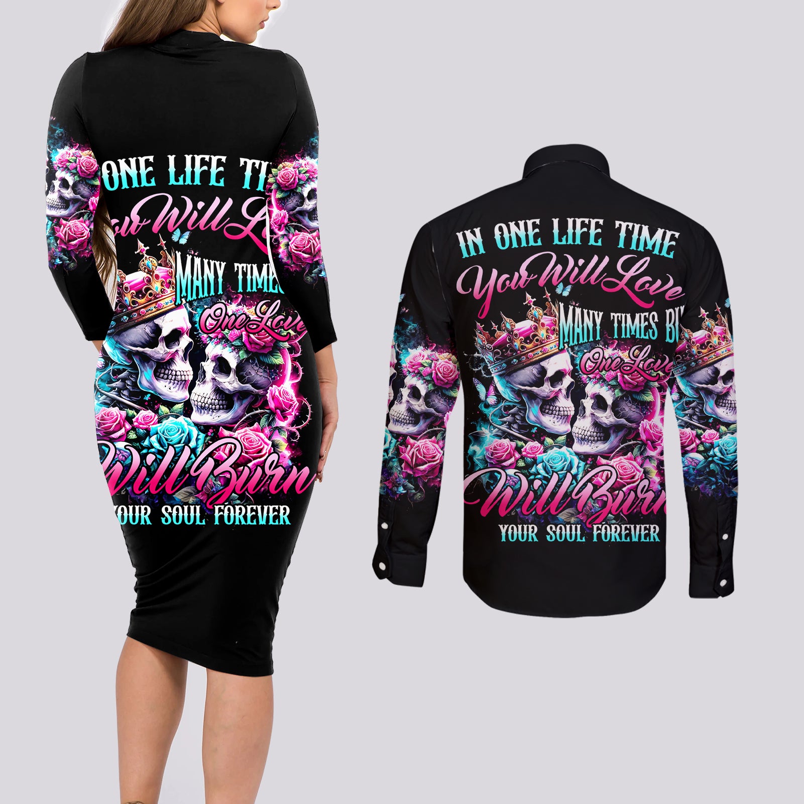 Couple Skull Couples Matching Long Sleeve Bodycon Dress and Long Sleeve Button Shirt In One Life Time You Will Love Many Time But One Love