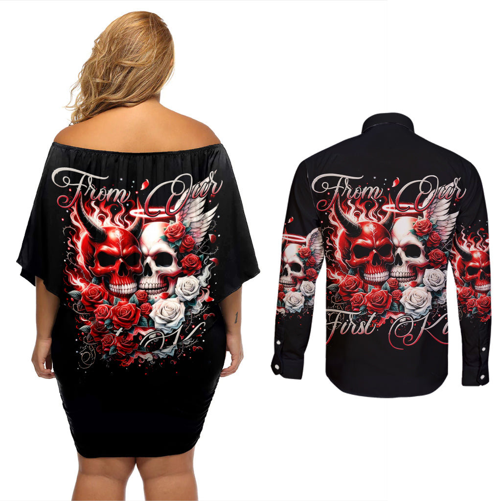 Couple Skull Couples Matching Off Shoulder Short Dress and Long Sleeve Button Shirt From Our First Kiss