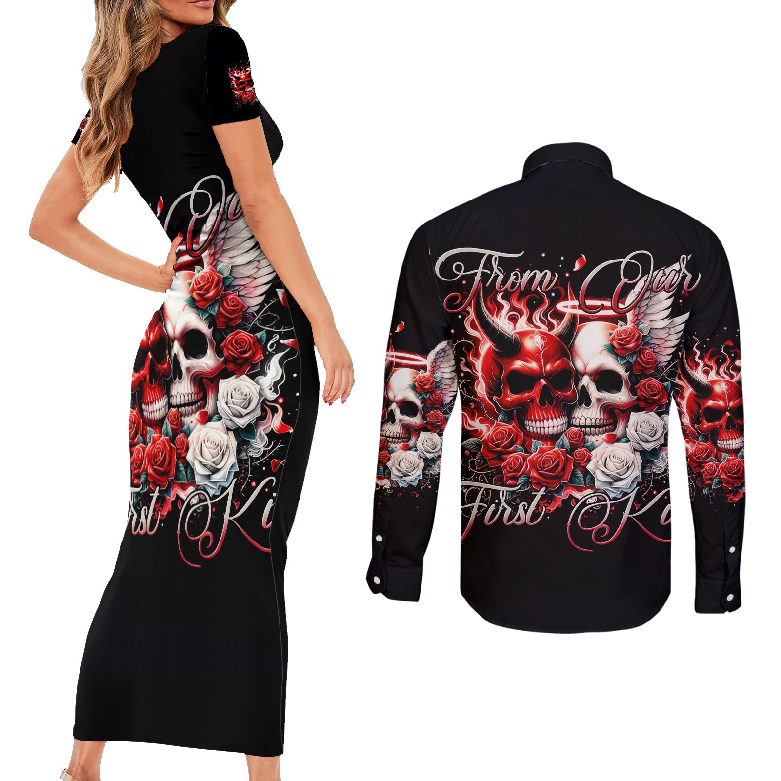 Couple Skull Couples Matching Short Sleeve Bodycon Dress and Long Sleeve Button Shirt From Our First Kiss