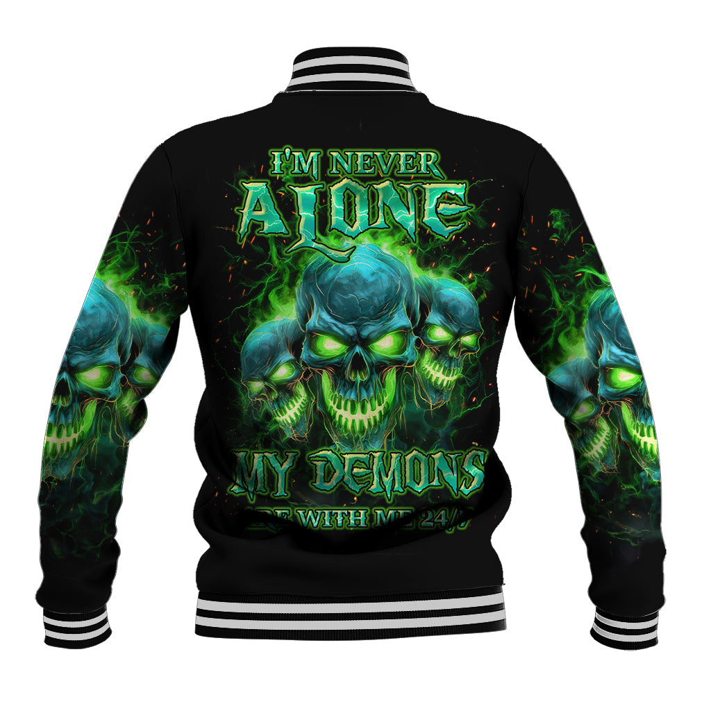 Flame Skull Baseball Jacket I'm Never Alone My Demons Are Wit Me 24/7