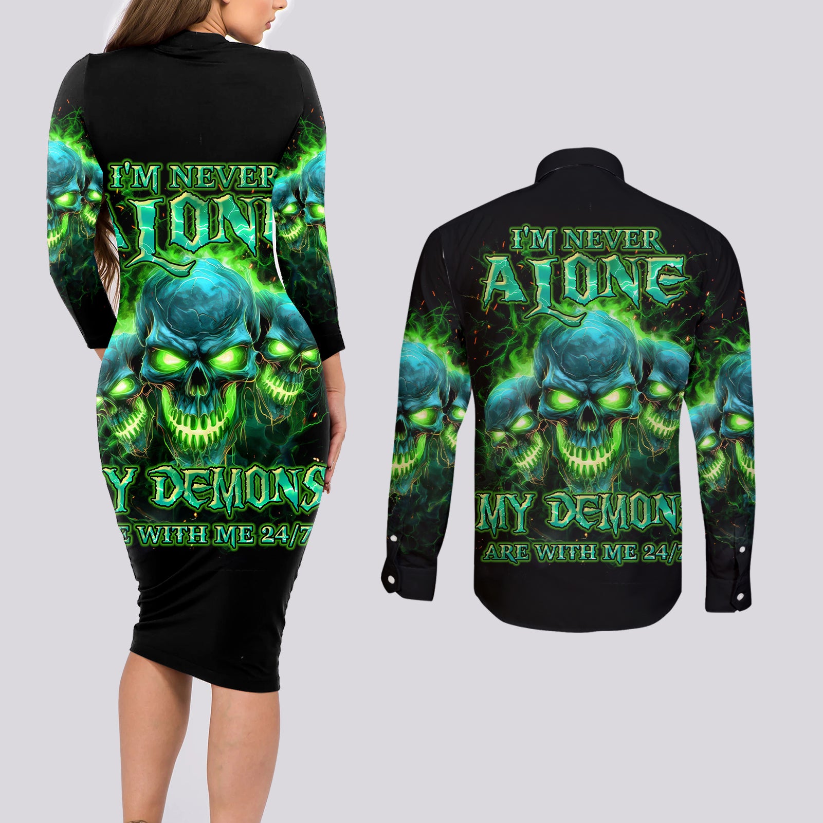 Flame Skull Couples Matching Long Sleeve Bodycon Dress and Long Sleeve Button Shirt I'm Never Alone My Demons Are Wit Me 24/7