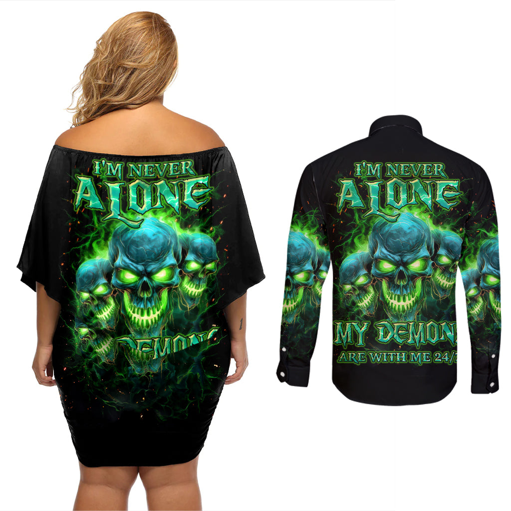 Flame Skull Couples Matching Off Shoulder Short Dress and Long Sleeve Button Shirt I'm Never Alone My Demons Are Wit Me 24/7