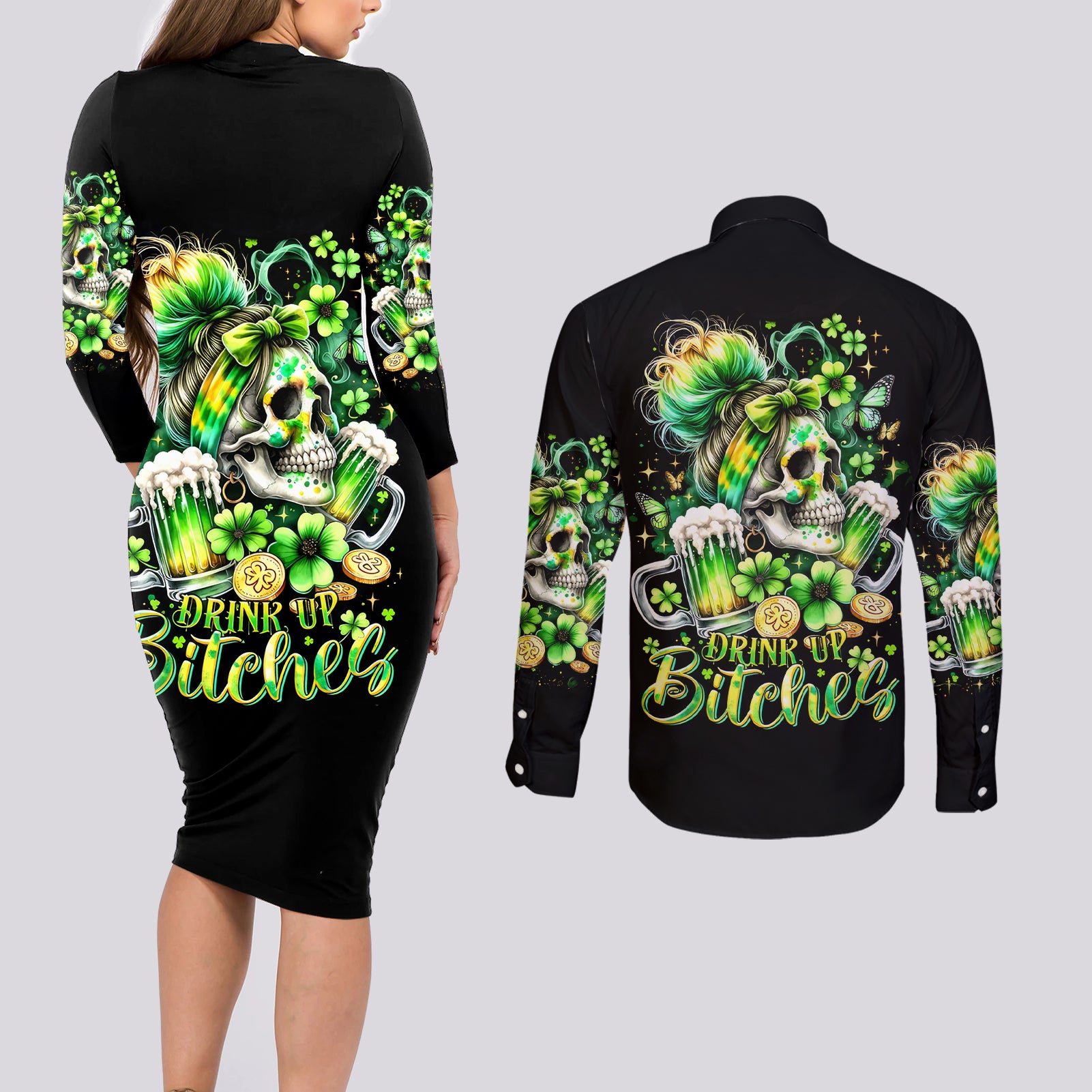 Irish Skull Couples Matching Long Sleeve Bodycon Dress and Long Sleeve Button Shirt Drink Up Bitches