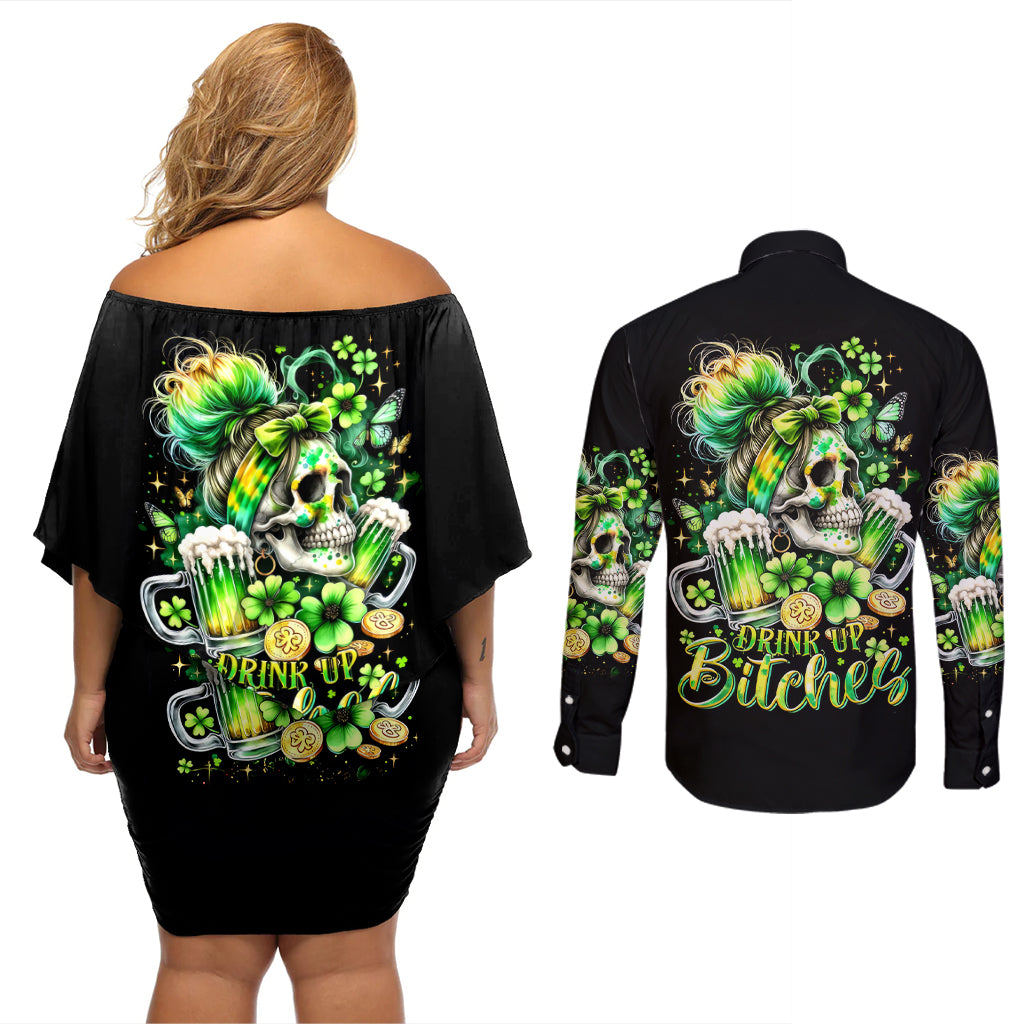 Irish Skull Couples Matching Off Shoulder Short Dress and Long Sleeve Button Shirt Drink Up Bitches