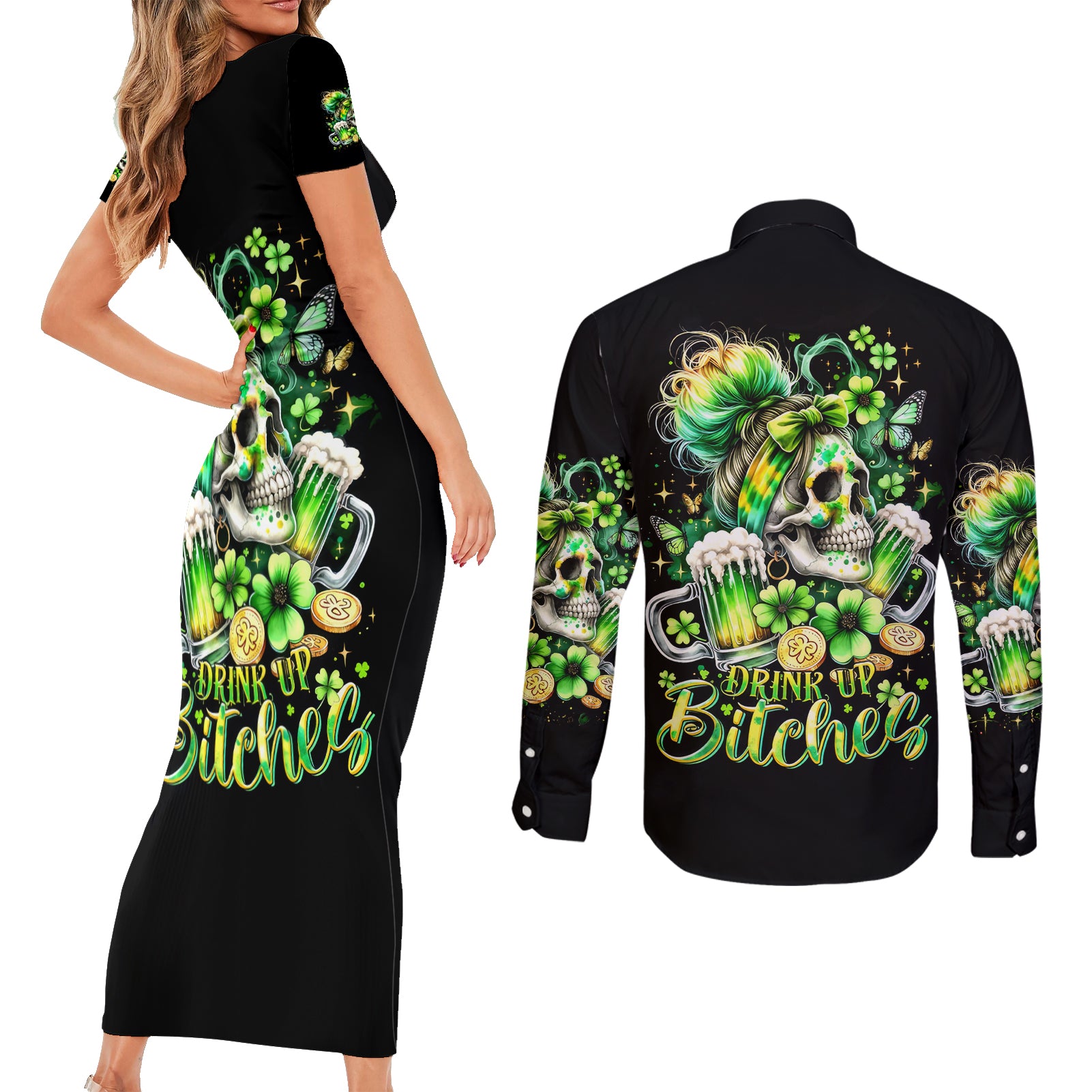 Irish Skull Couples Matching Short Sleeve Bodycon Dress and Long Sleeve Button Shirt Drink Up Bitches