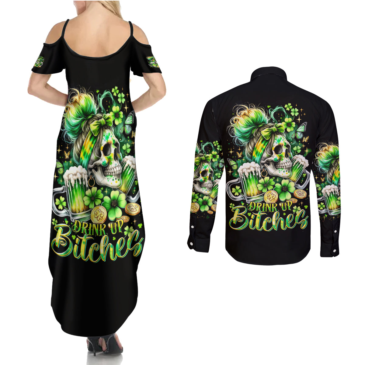 Irish Skull Couples Matching Summer Maxi Dress and Long Sleeve Button Shirt Drink Up Bitches