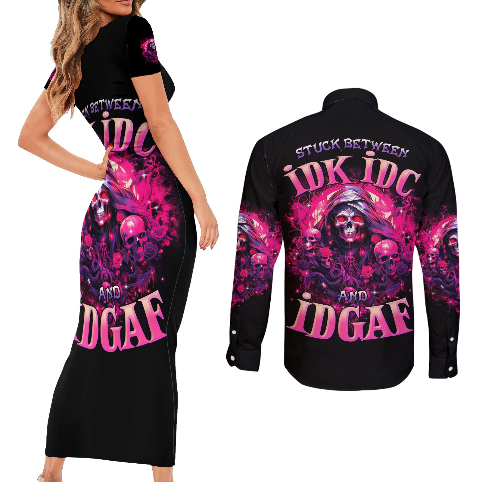 Rose Skull Couples Matching Short Sleeve Bodycon Dress and Long Sleeve Button Shirt Stuck Between IDK IDC And IDGAF