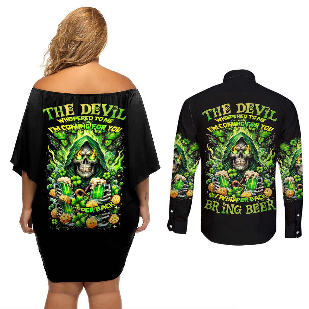 Irish Skull Couples Matching Off Shoulder Short Dress and Long Sleeve Button Shirt The Devil Whispered To Me I'm Coming For You