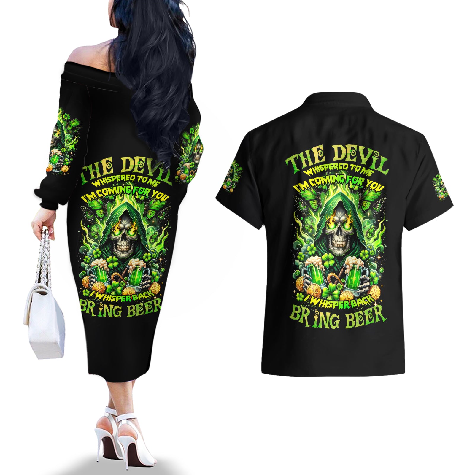 Irish Skull Couples Matching Off The Shoulder Long Sleeve Dress and Hawaiian Shirt The Devil Whispered To Me I'm Coming For You