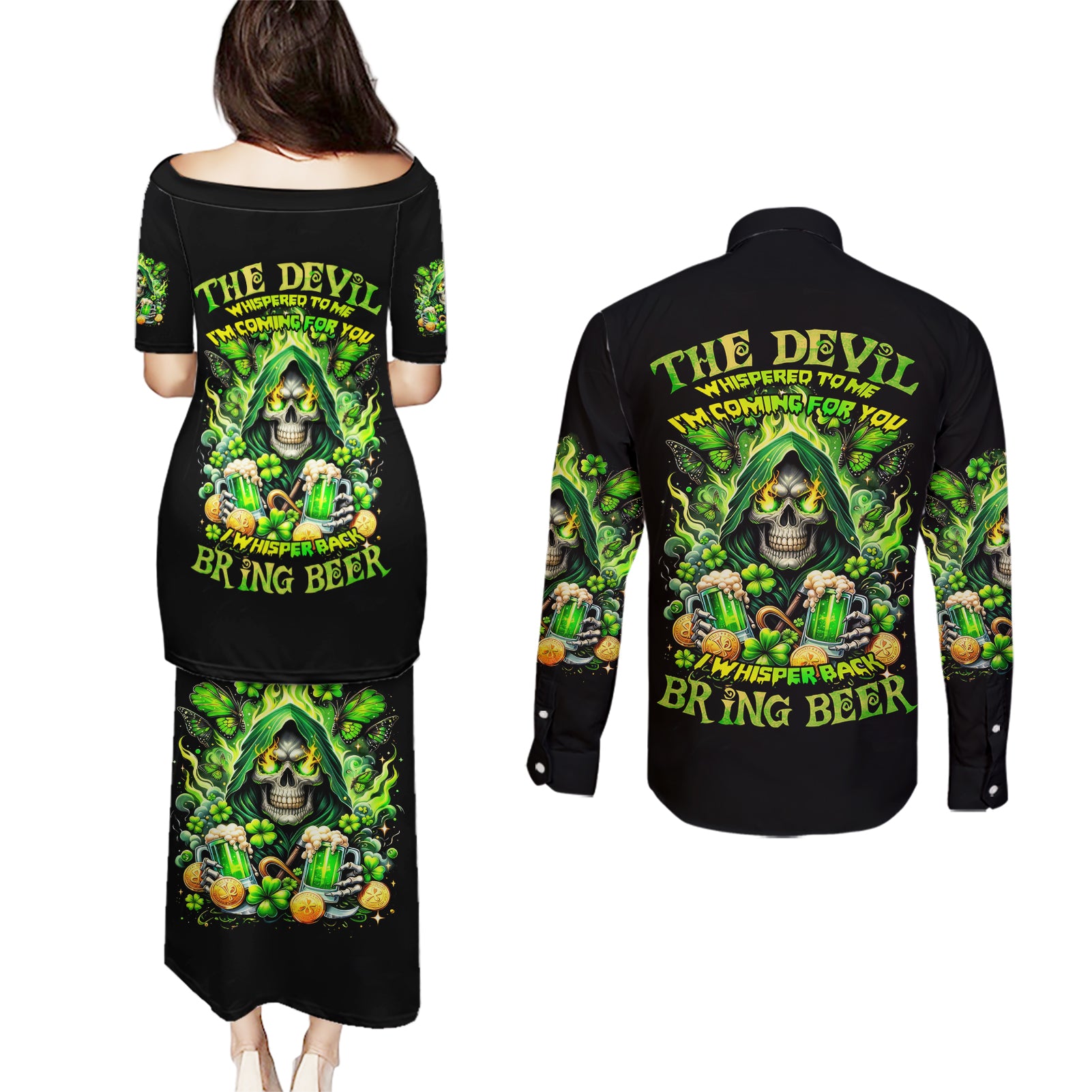 Irish Skull Couples Matching Puletasi and Long Sleeve Button Shirt The Devil Whispered To Me I'm Coming For You