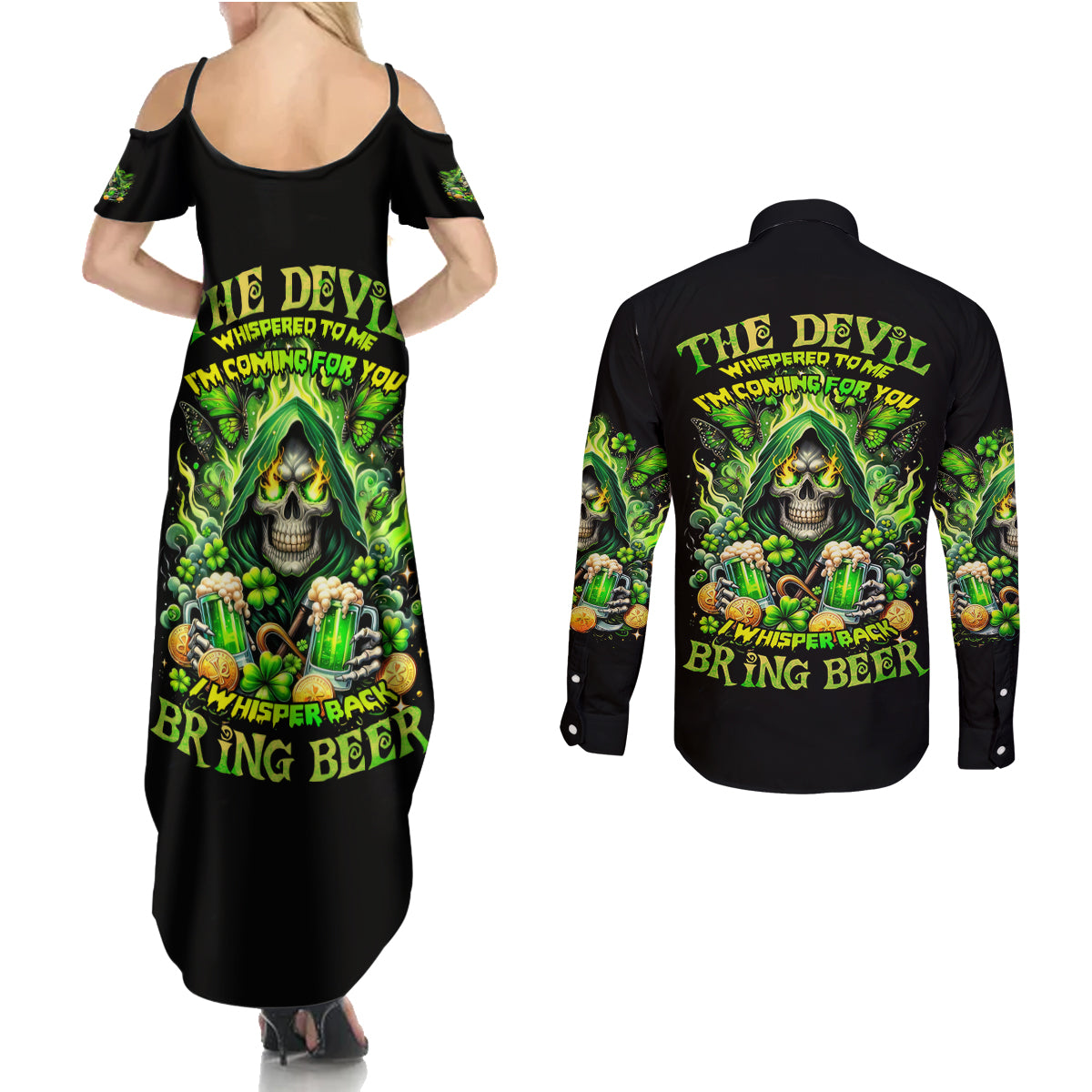 Irish Skull Couples Matching Summer Maxi Dress and Long Sleeve Button Shirt The Devil Whispered To Me I'm Coming For You