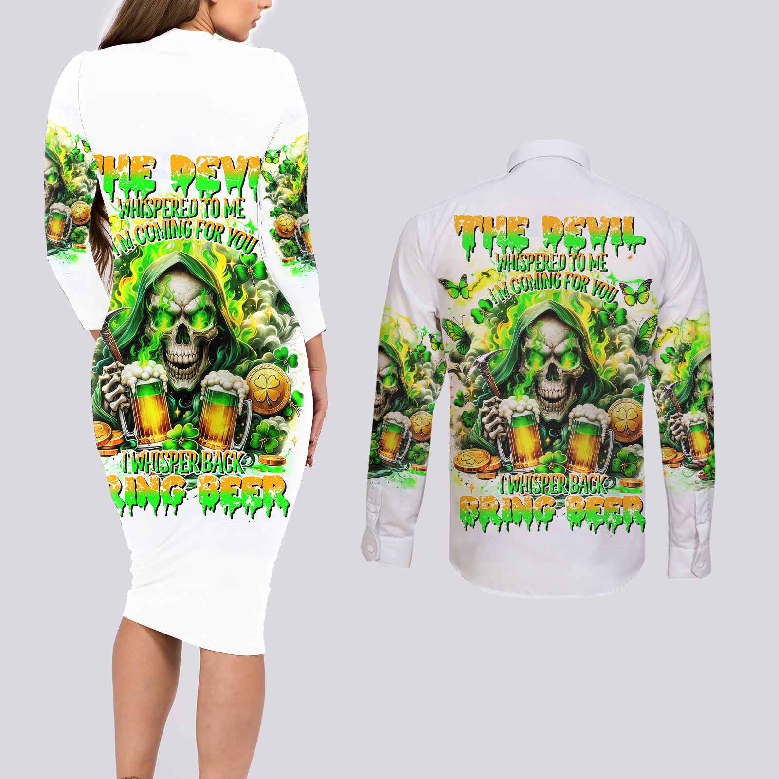 Irish Skull Couples Matching Long Sleeve Bodycon Dress and Long Sleeve Button Shirt I Whisper Back Bring Beer