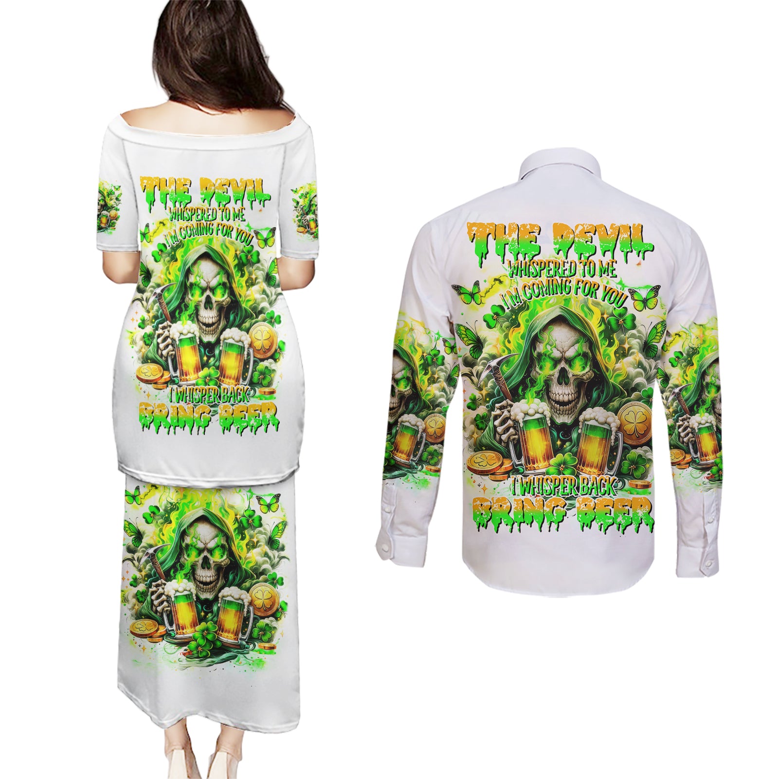 Irish Skull Couples Matching Puletasi and Long Sleeve Button Shirt I Whisper Back Bring Beer