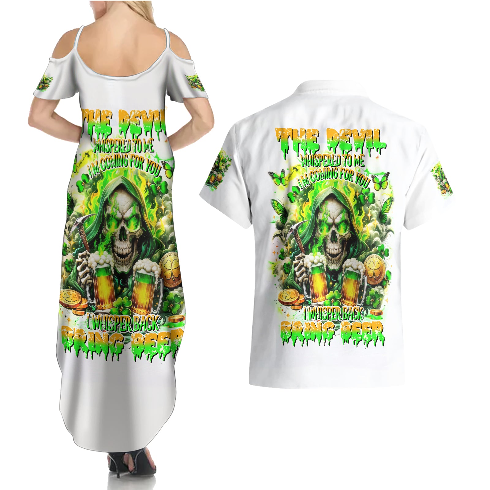 Irish Skull Couples Matching Summer Maxi Dress and Hawaiian Shirt I Whisper Back Bring Beer