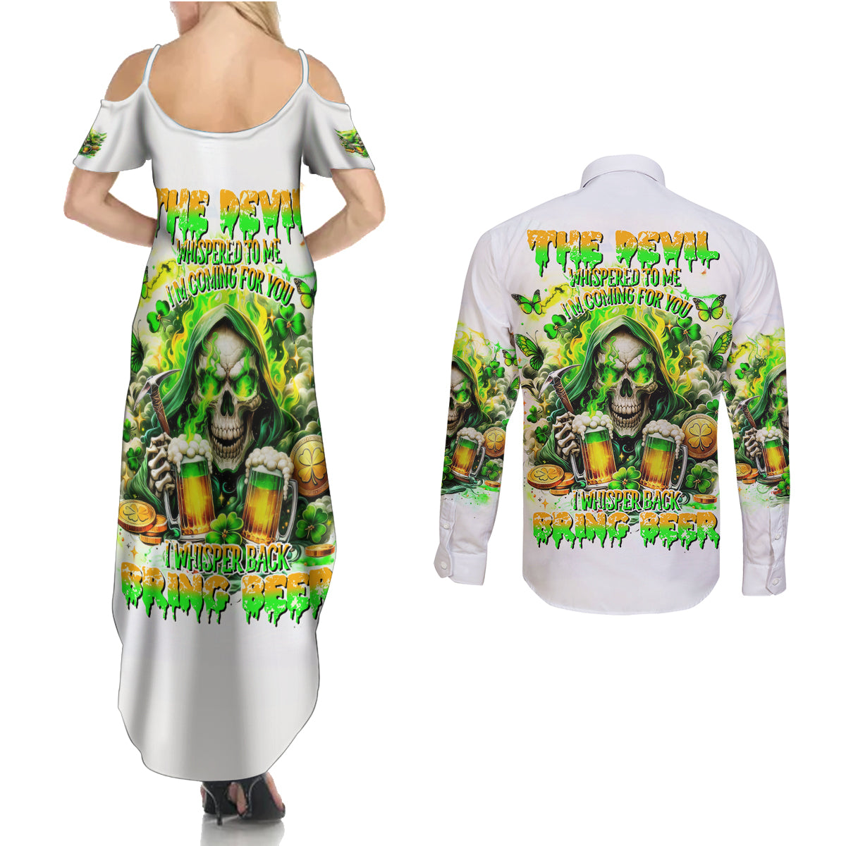 Irish Skull Couples Matching Summer Maxi Dress and Long Sleeve Button Shirt I Whisper Back Bring Beer